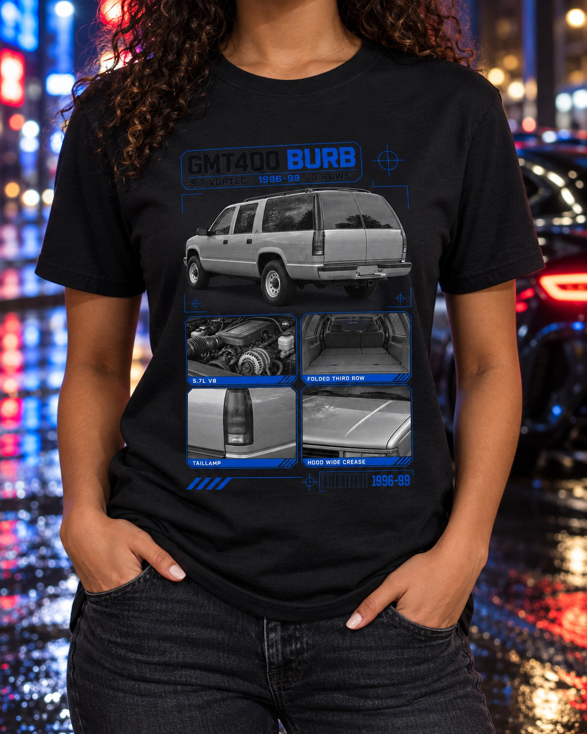 Chevrolet GMT400 Suburban 1992-99 Dossier Tee, 5.7 Vortec Gift T-Shirt Black worn hero