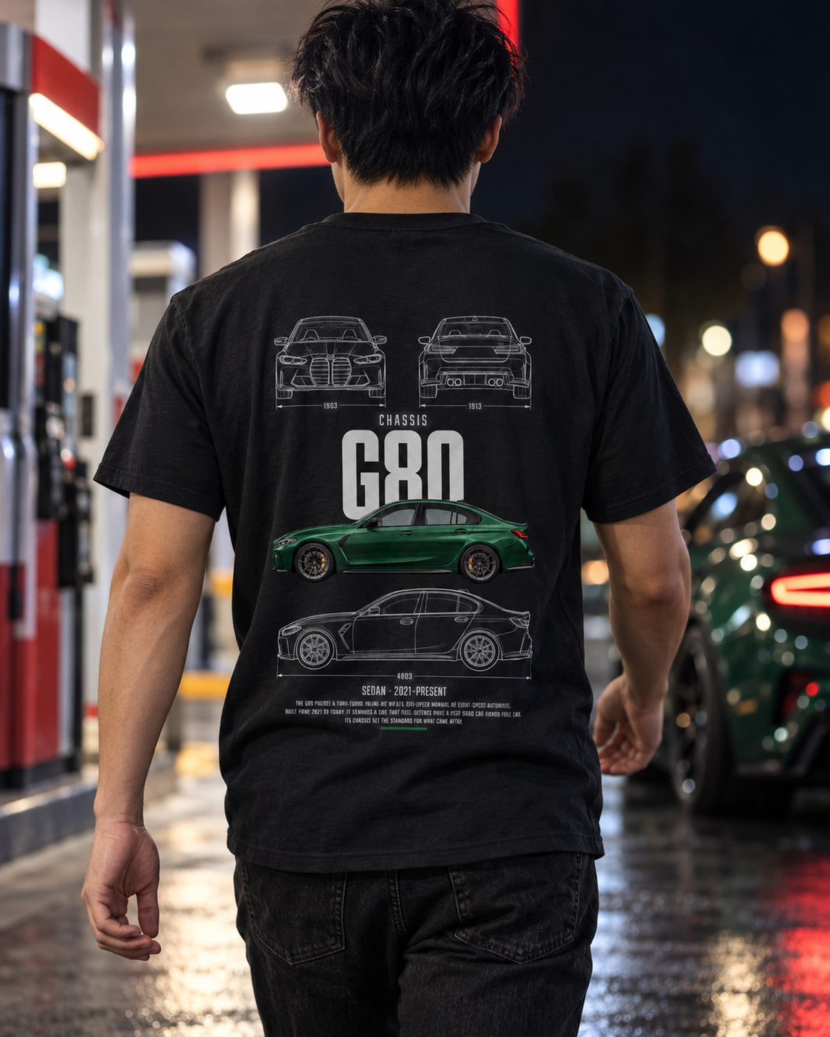 BMW G80 M3 four-door sedan Blueprint Full-Back Graphic Tee, G80 Chassis Code T-Shirt Black worn hero