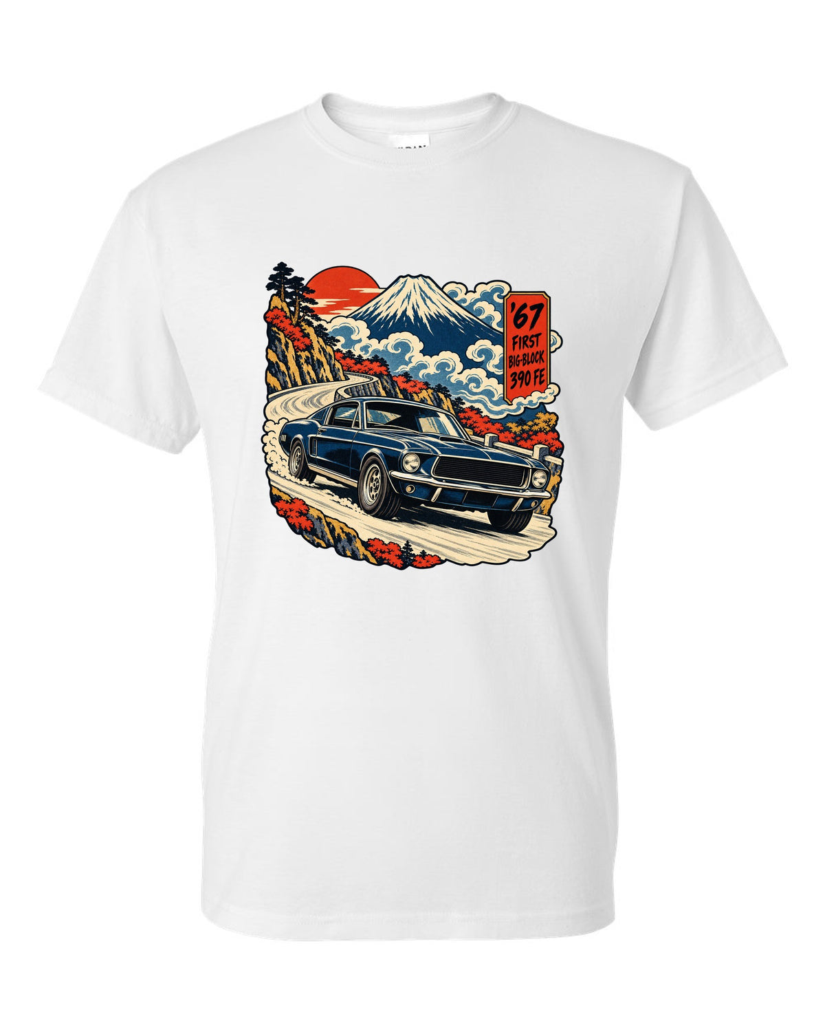 Ukiyo-e woodblock print of a 1967 Ford Mustang fastback with 390 FE first big-block text white t-shirt front view with the design
