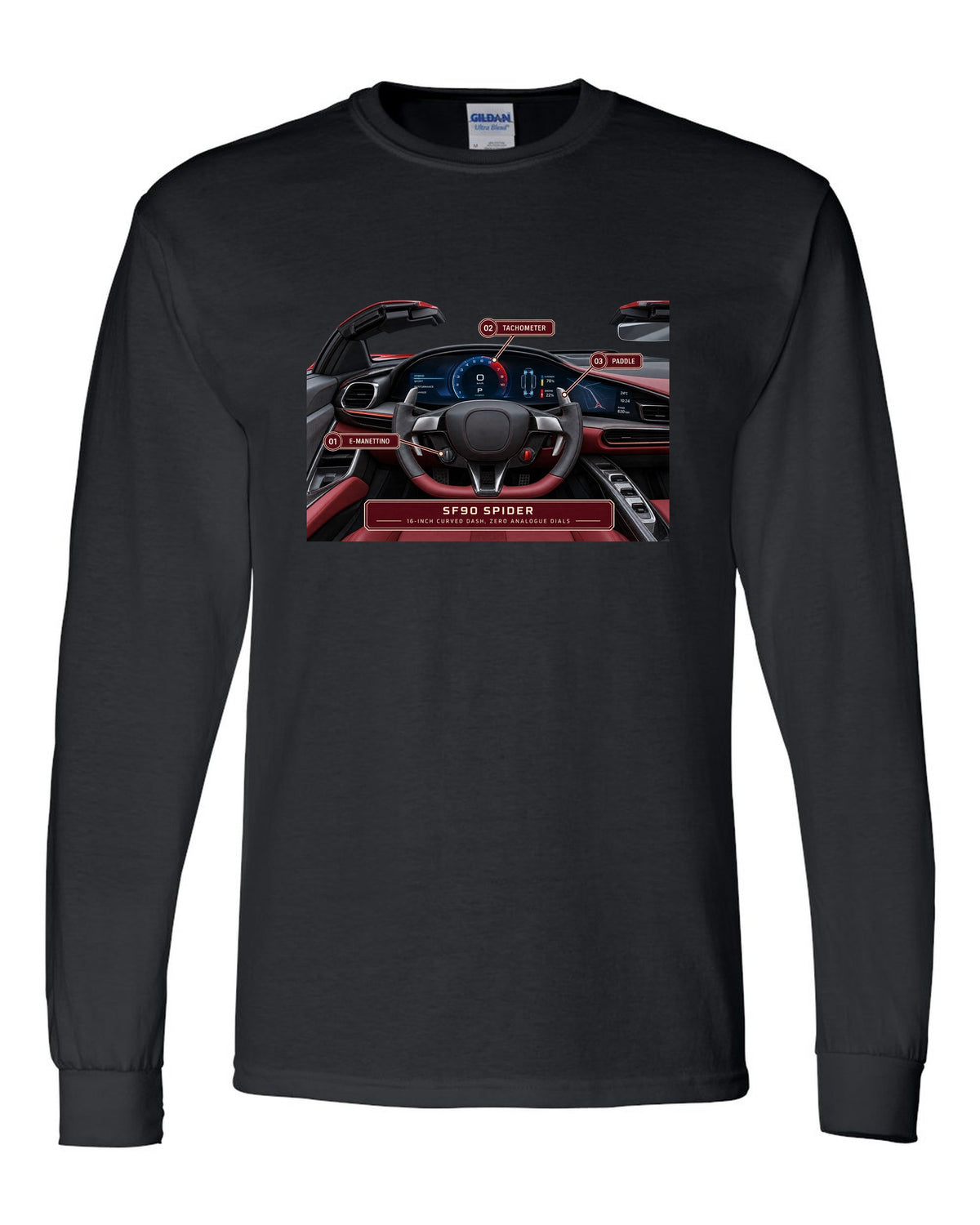 Ferrari SF90 Spider cockpit gauge print with 16-inch curved dash text black long sleeve front view with the design
