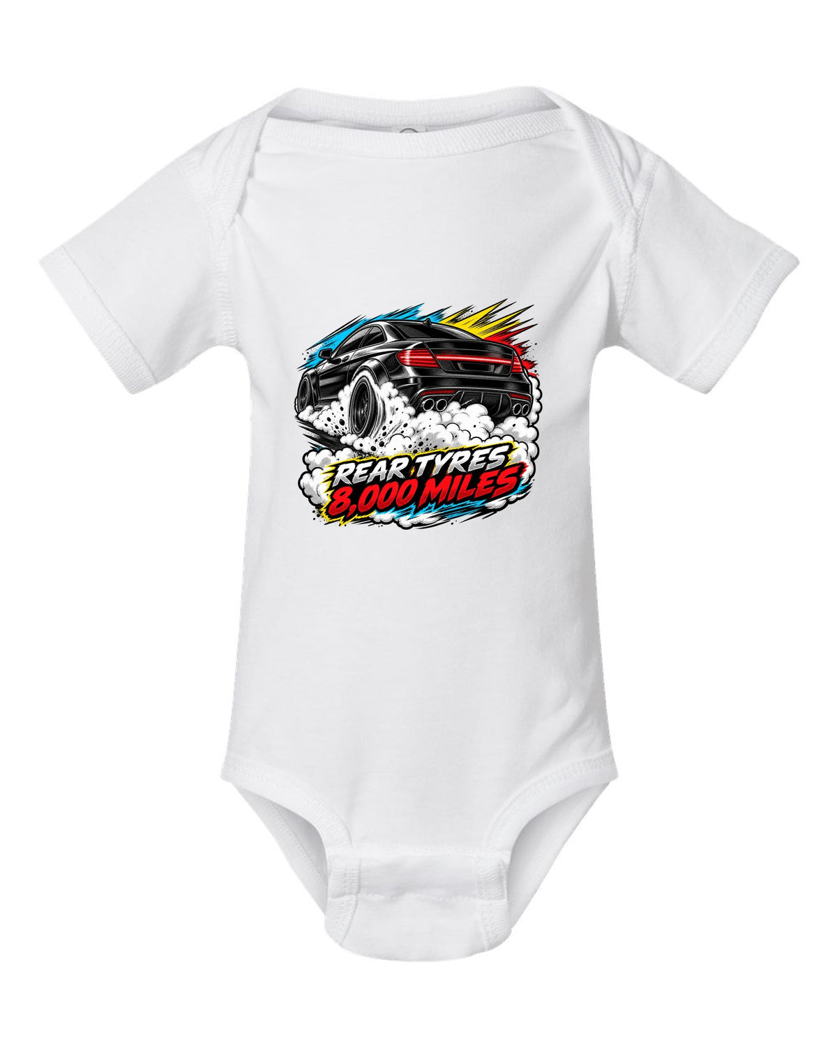 Watercolour wash of a Mercedes C63 AMG W204 with M156 head bolts text white baby onesie front view with the design