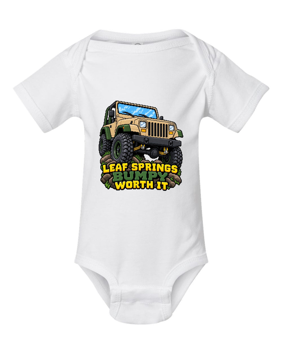 16-bit pixel art illustration of a Jeep Wrangler YJ with LEAF SPRINGS BUMPY WORTH IT lettering white baby onesie front view with the design