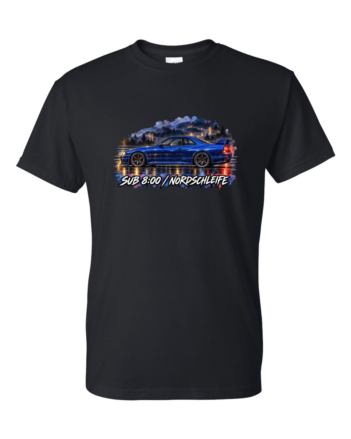 Watercolour wet-road night print of a Champion Blue Nissan Skyline GT-R R33 BCNR33 black t-shirt front view with the design