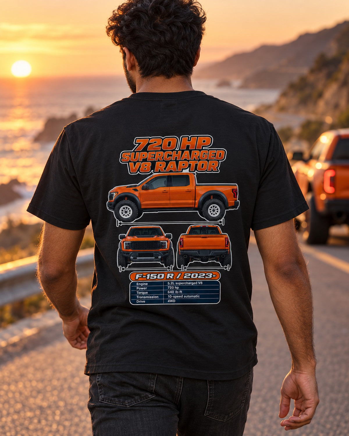 Ford F150 Raptor R Spec Sheet Full-Back Graphic Tee T-Shirt Black worn hero