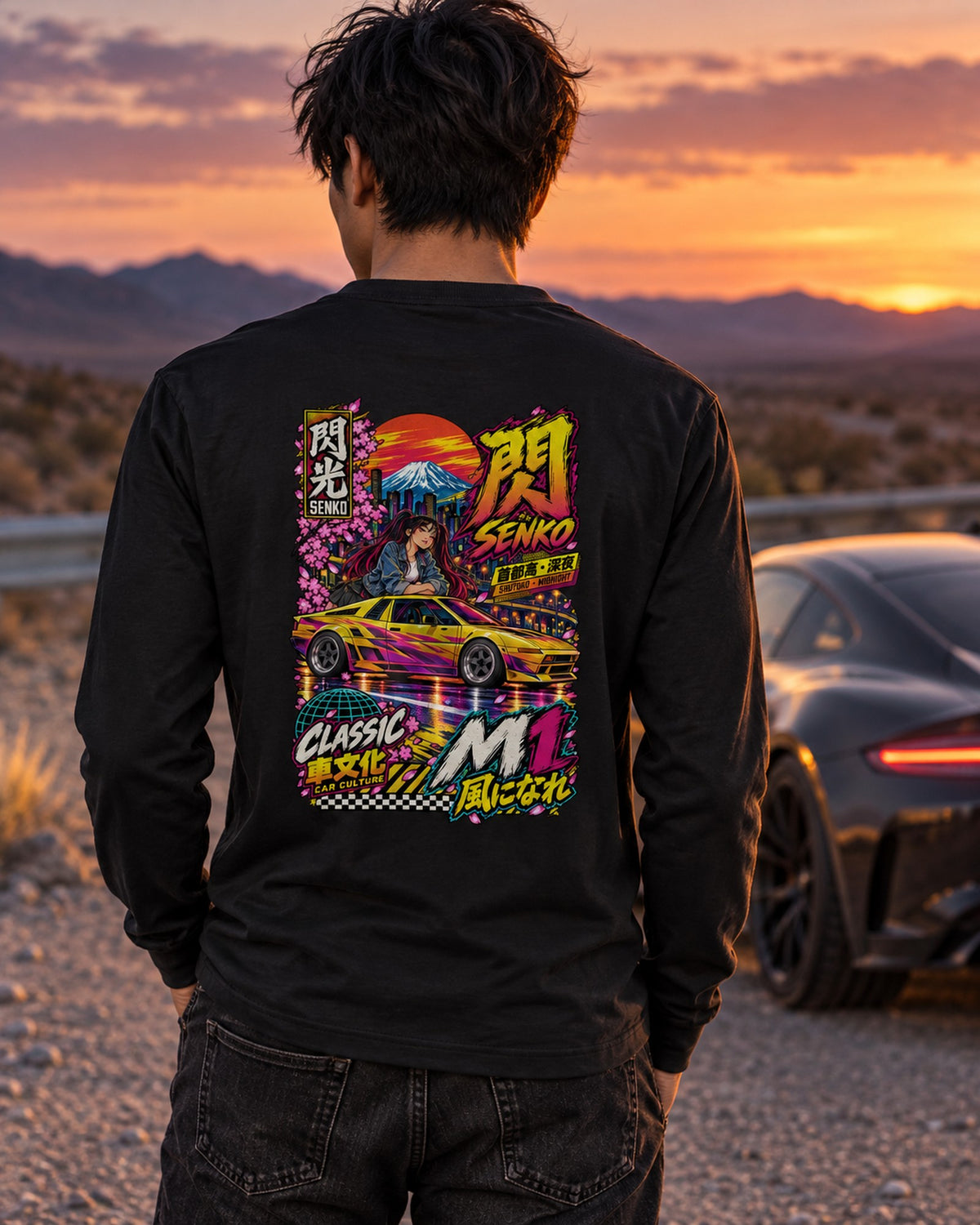 SENKO M1 Anime Girl Full-Back Graphic Tee Long Sleeve Black worn hero