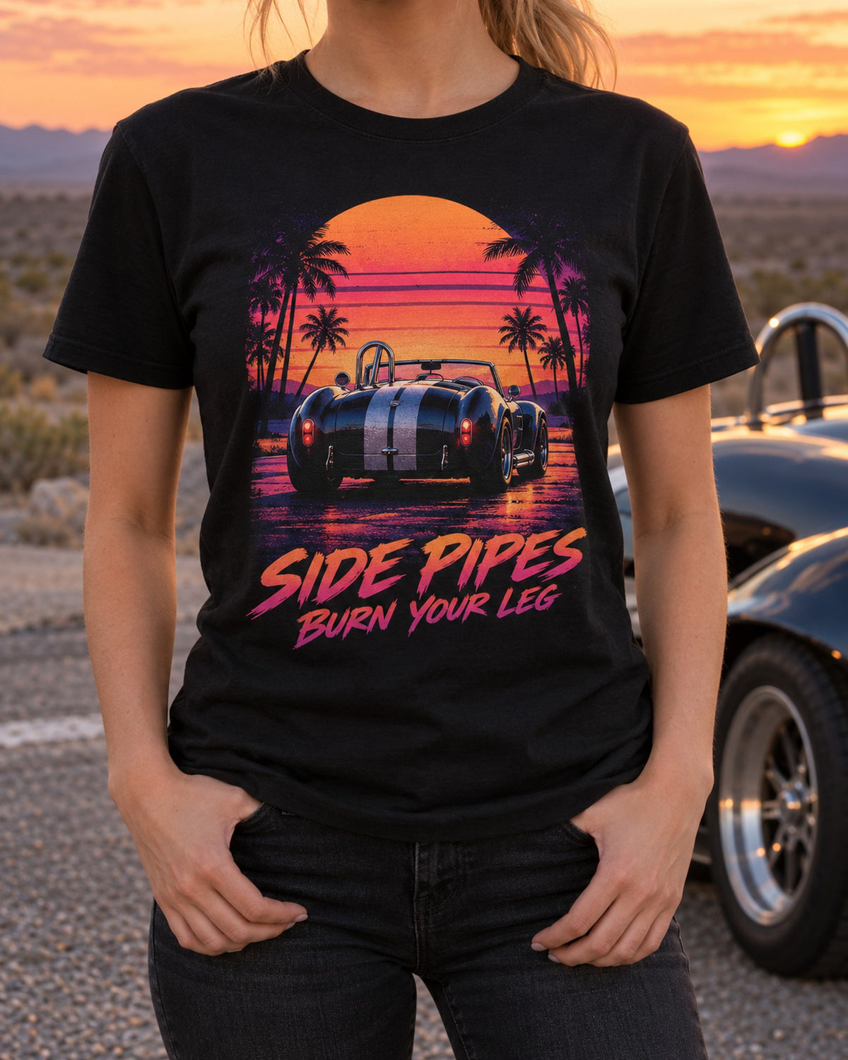 Shelby Cobra 427 Side Pipes Synthwave Outrun Shirt, Burn Your Leg T-Shirt Black worn hero
