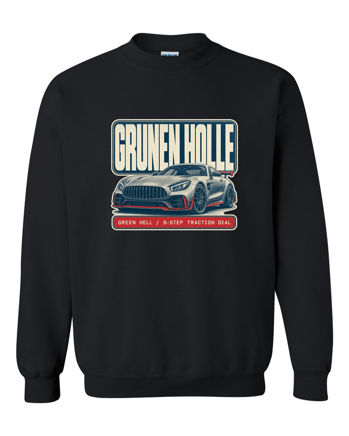 Mercedes-AMG GT R C190 halftone Green Hell print black crewneck front view with the design