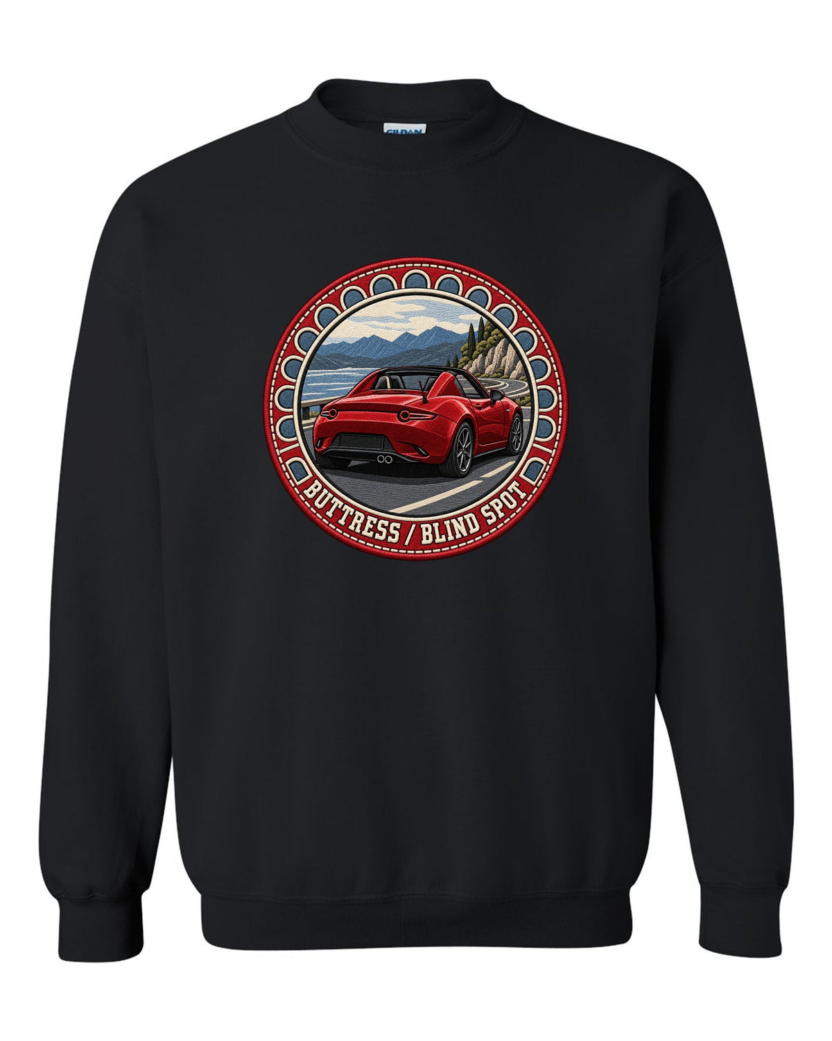 Embroidery-style roundel crest of a Mazda MX-5 ND RF fastback with blind spot text black crewneck front view with the design