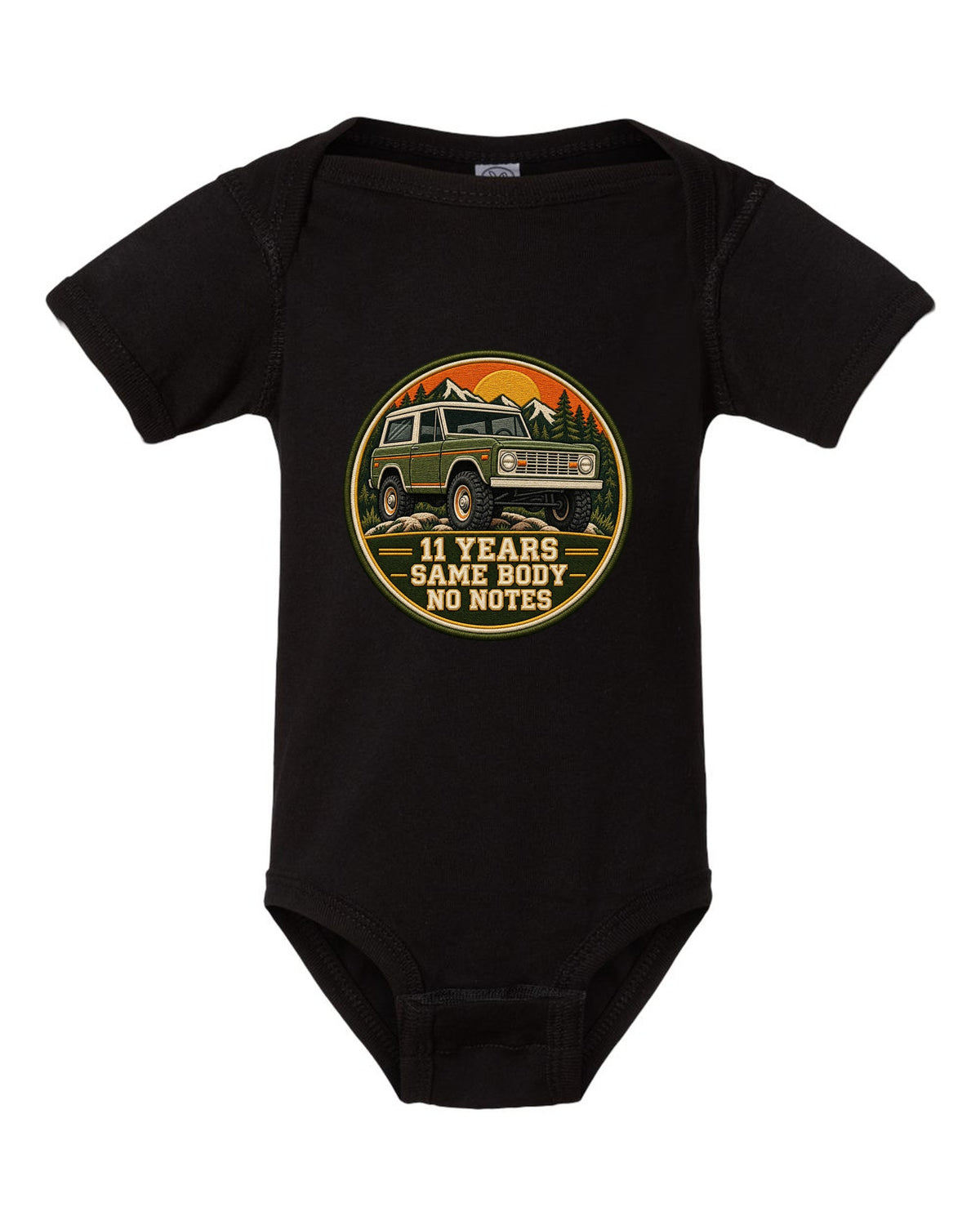 Varsity crest print for a 1966-77 Ford Bronco U15 wagon with 11 years same body text black baby onesie front view with the design