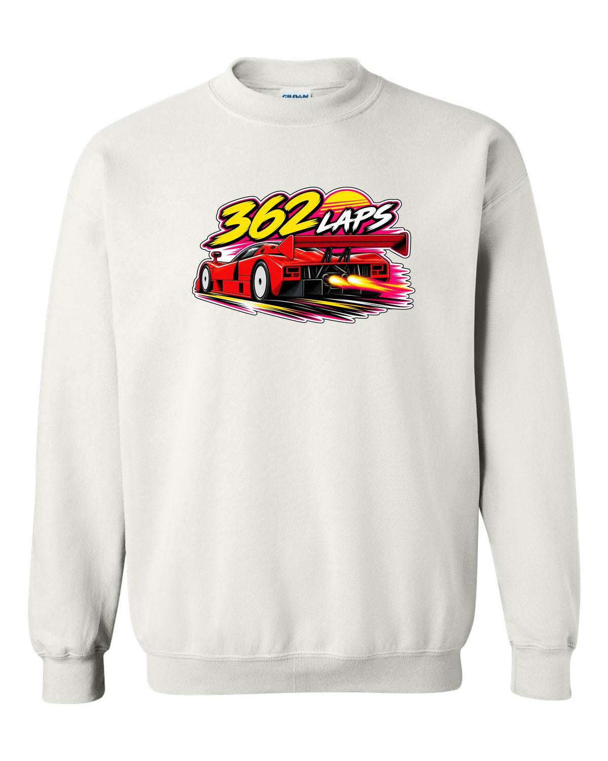 Retro 90s racing sticker-bomb collage for the Mazda 787B with 362 LAPS lettering white crewneck front view with the design