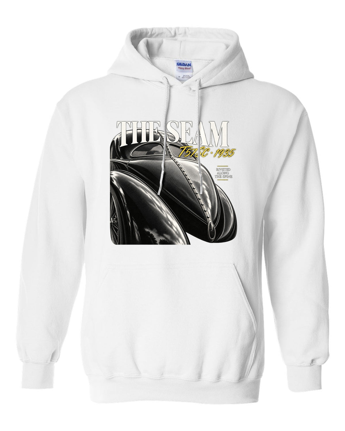 Close macro print of the riveted dorsal seam on a 1935 Bugatti Type 57SC Atlantic white pull over hoodie front view with the design