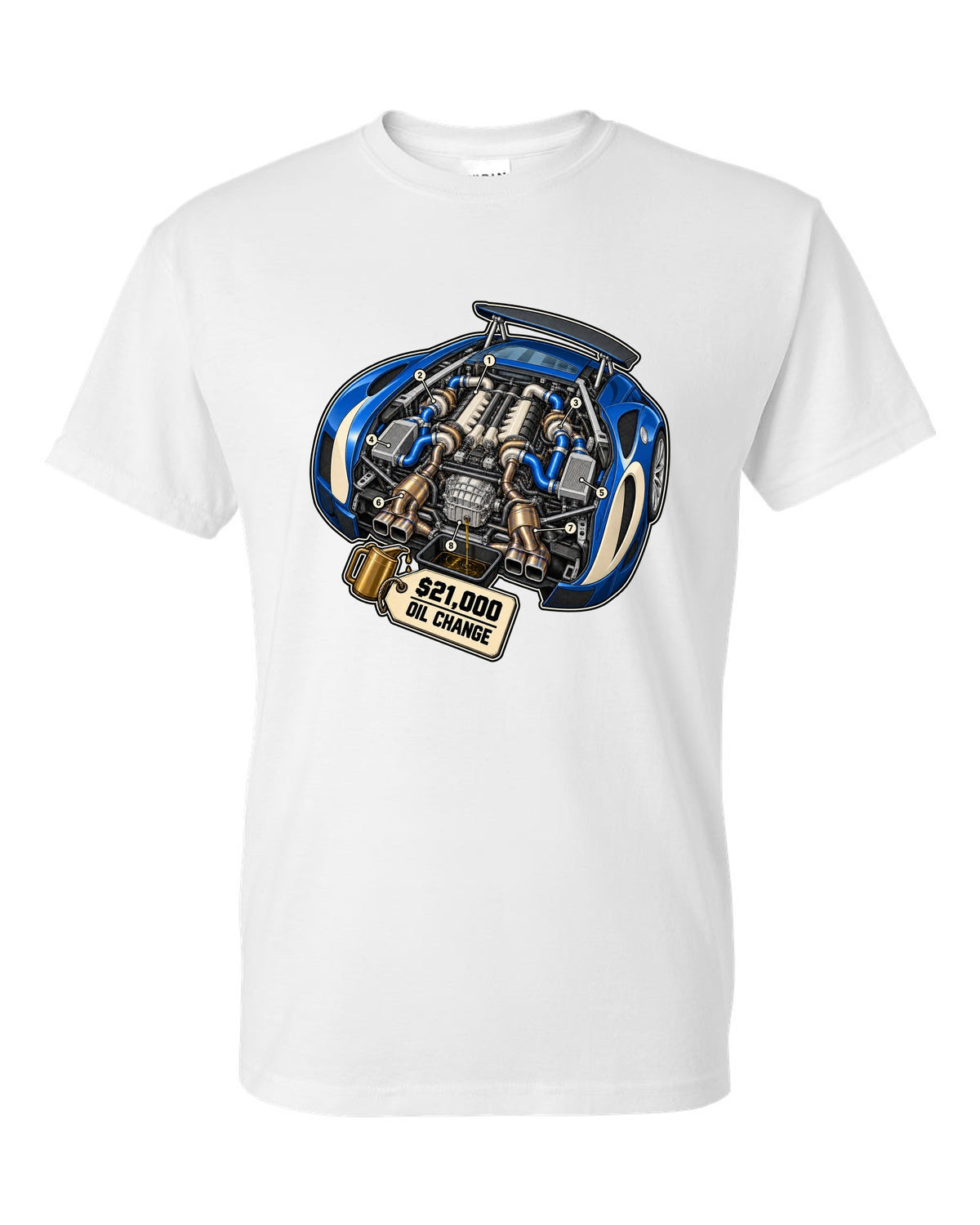 Exploded cutaway diagram print of the Bugatti Veyron 16.4 W16 engine with oil change lettering white t-shirt front view with the design