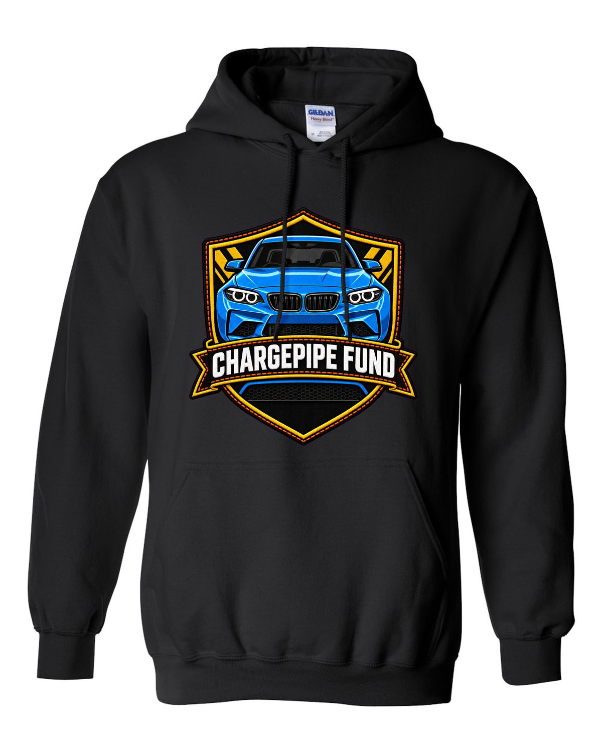 Linocut woodcut-style print of a BMW M2 G87 brake duct with 453 HP text black pull over hoodie front view with the design