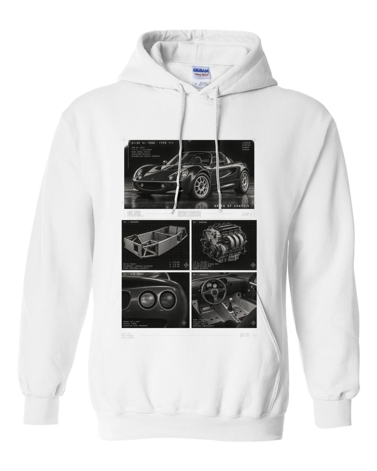 Dossier panel print of a 1996 Lotus Elise S1 Type 111 with 68 kg of chassis text white pull over hoodie front view with the design