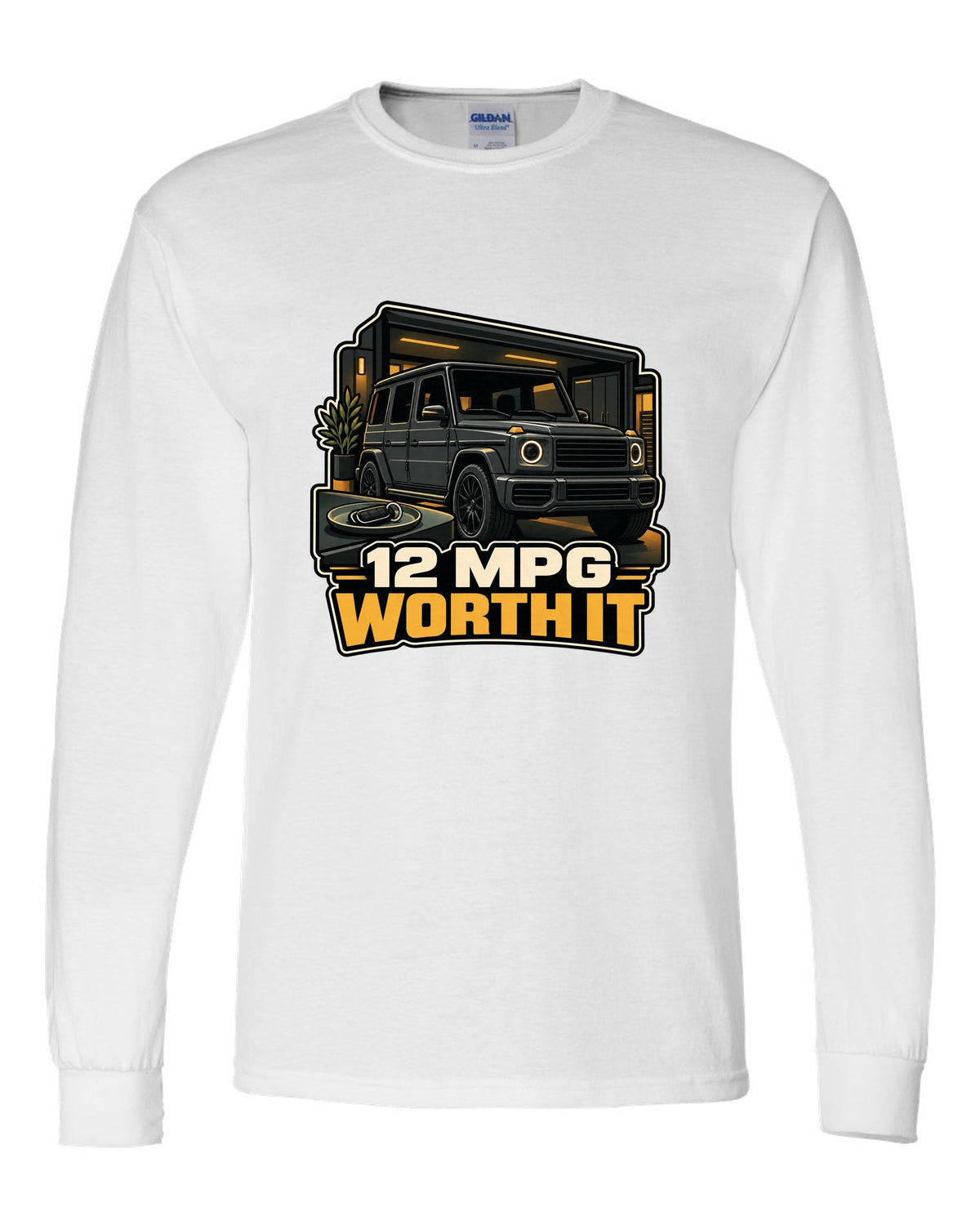 Army surplus stamp graphic reading Gelandewagen 1979 for the Mercedes G-Class W460, print white long sleeve front view with the design
