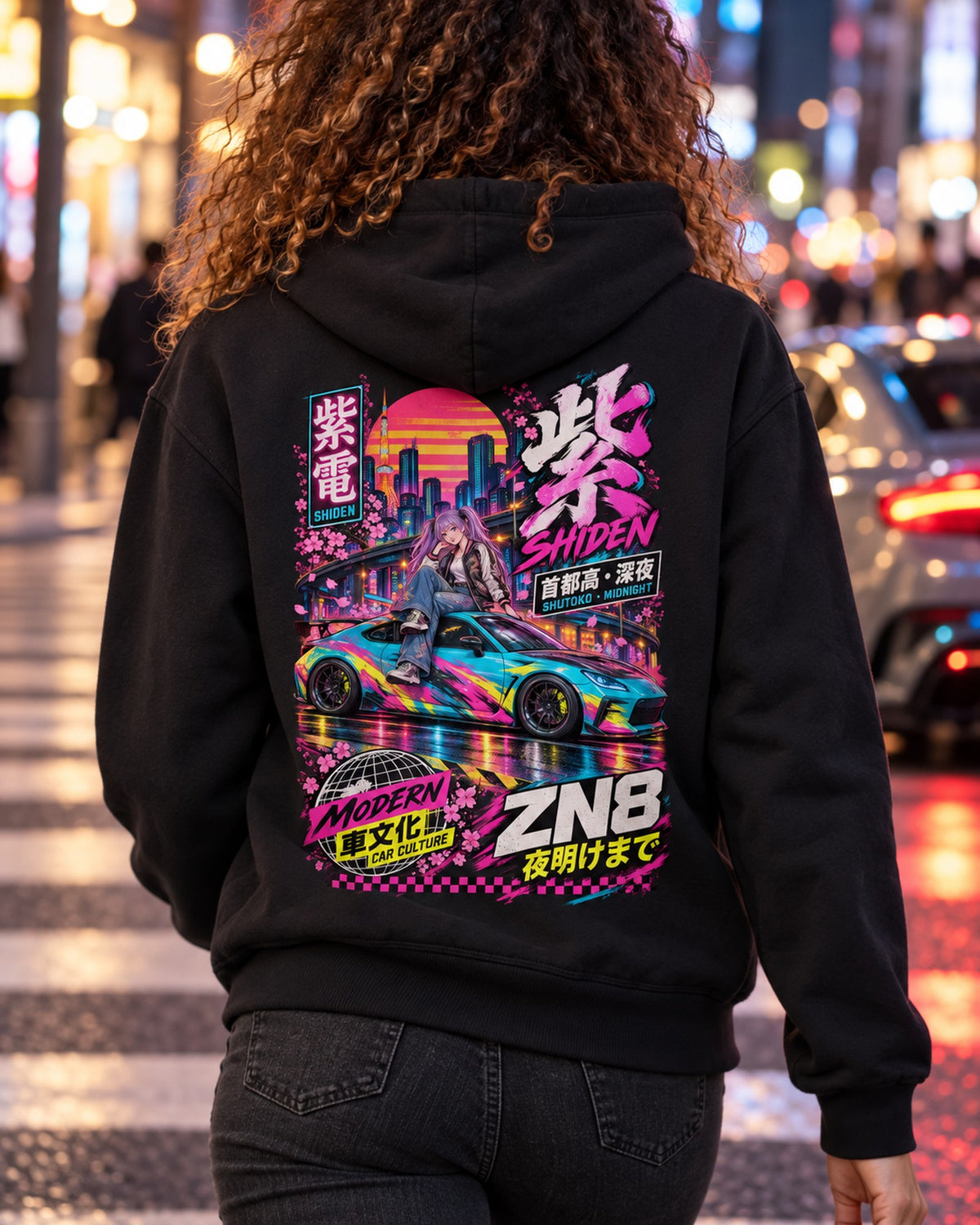 SHIDEN ZN8 Anime Girl Full-Back Graphic Tee Zip Hoodie Black worn hero