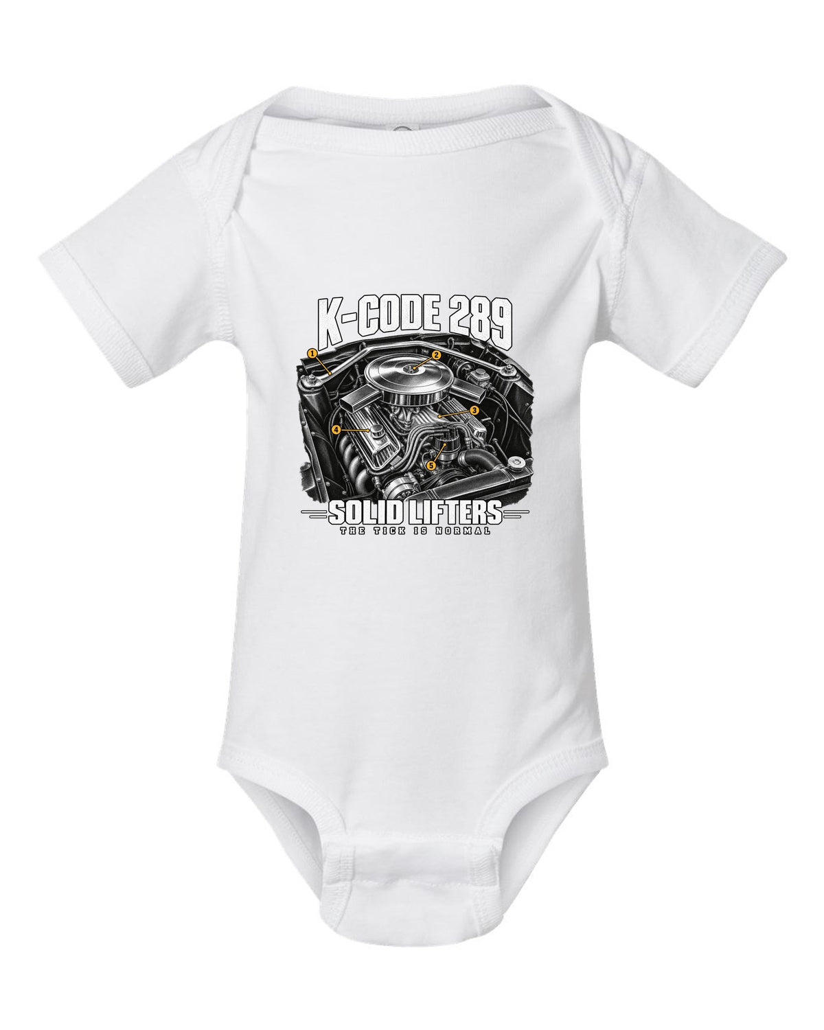 Engine illustration of a 1965 Ford Mustang K-code 289 V8 with solid lifter callouts white baby onesie front view with the design