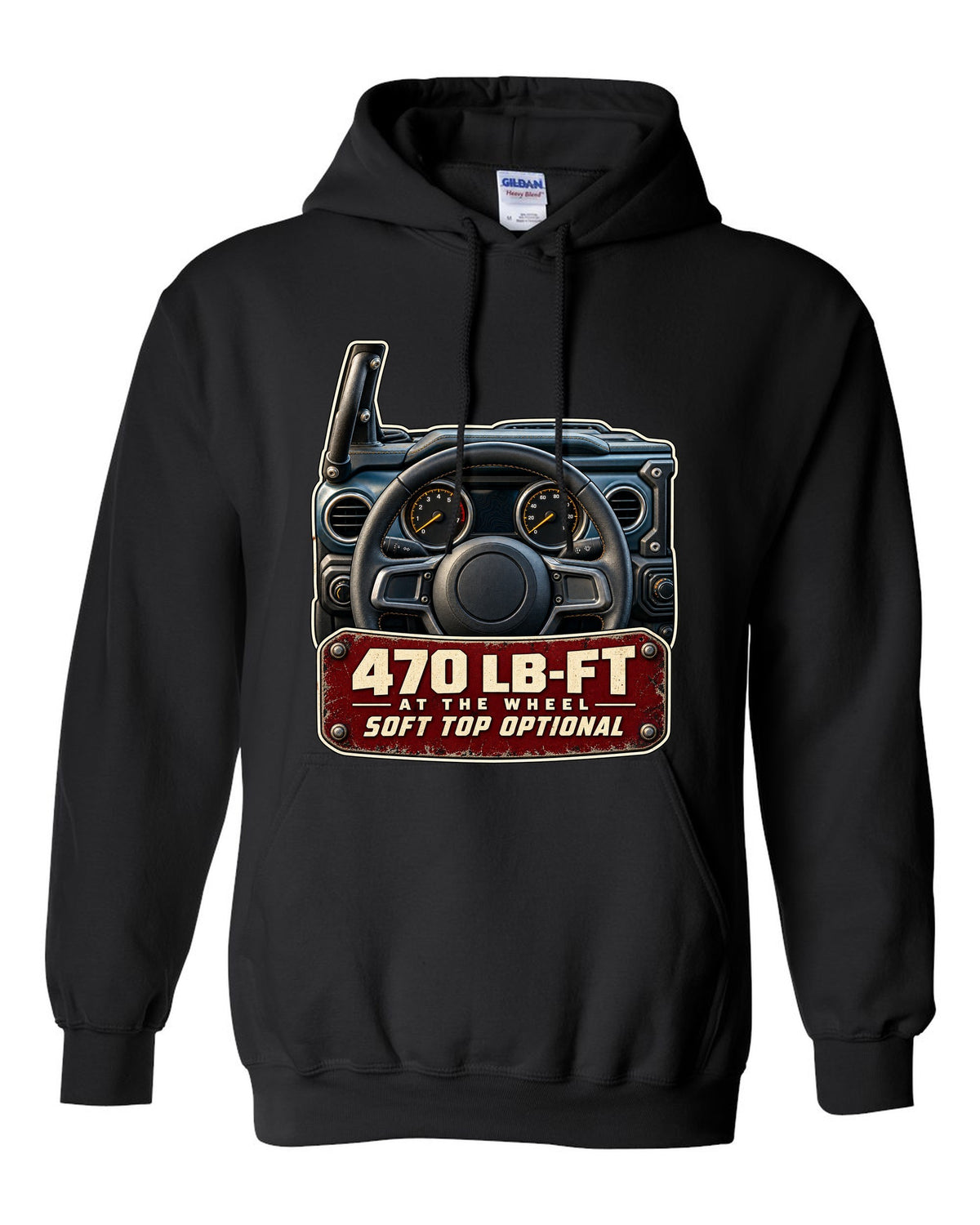 Gauge cluster print for the Jeep Wrangler Rubicon 392 with torque callout black pull over hoodie front view with the design