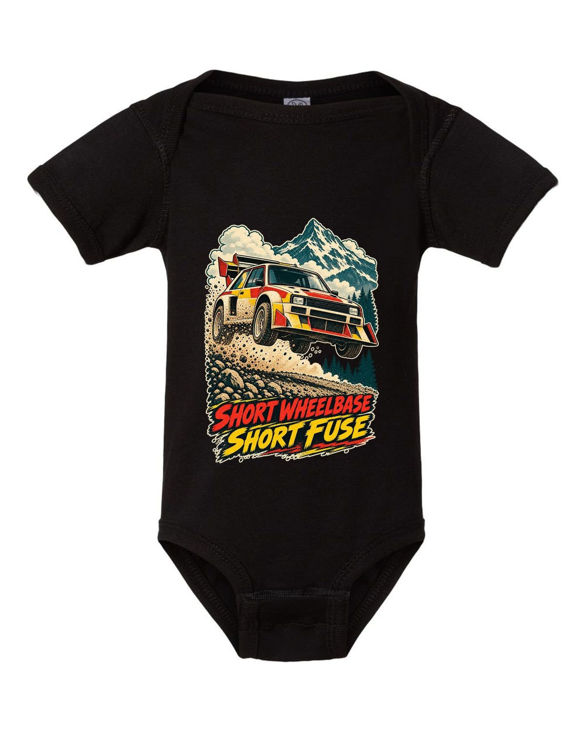 Vintage race-poster lithograph print of a 1985 Audi Sport Quattro S1 E2 with Short Fuse lettering black baby onesie front view with the design