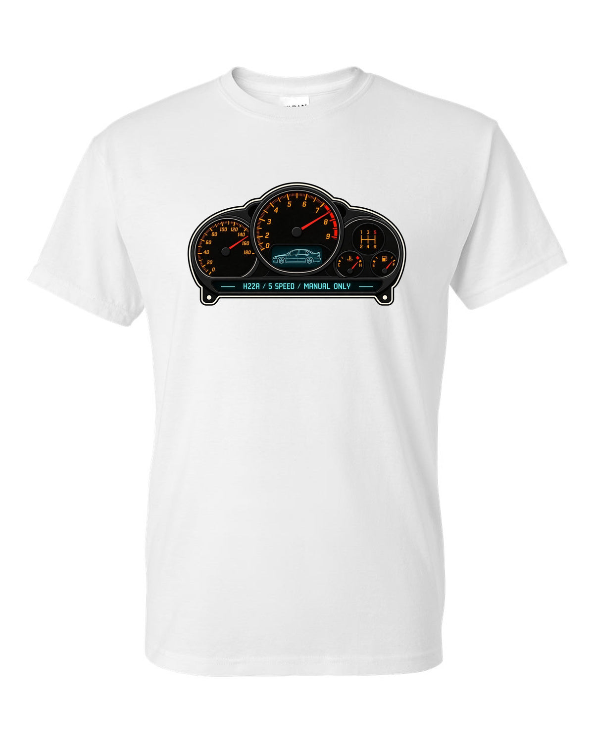 Gauge-cluster HUD design for the Honda Accord Euro R CL1 with H22A text white t-shirt front view with the design