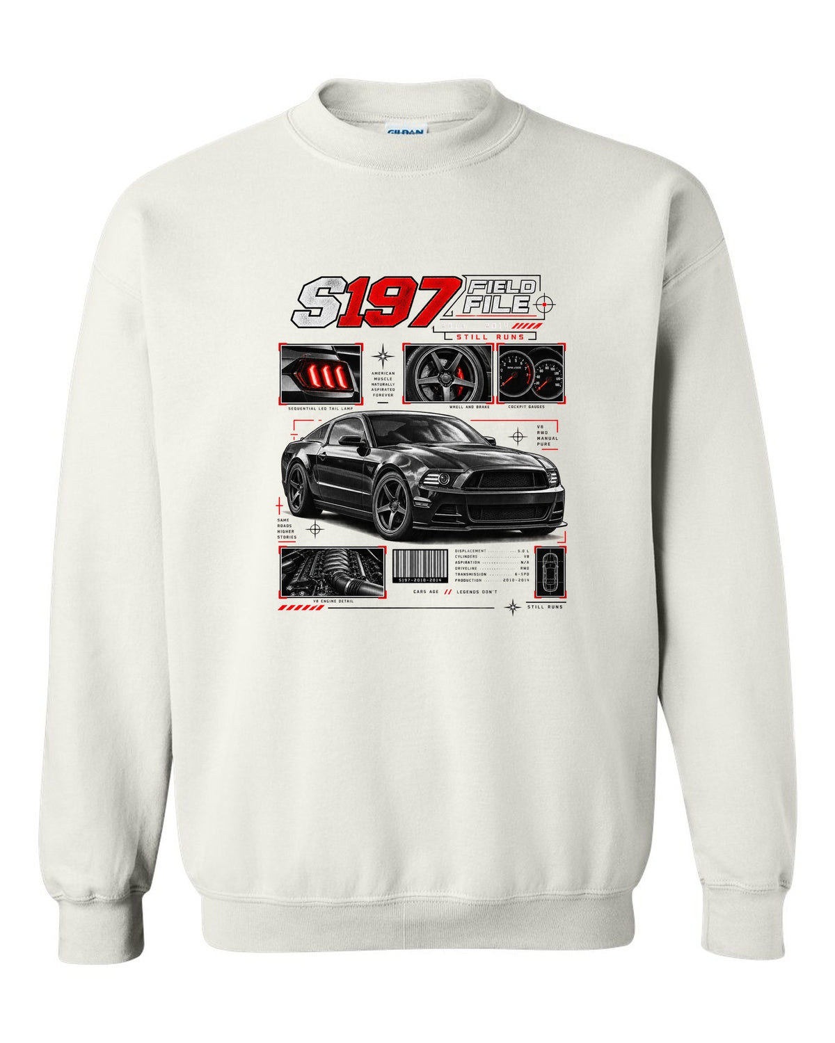 Four-panel dossier print of a Ford Mustang S197 GT fastback white crewneck front view with the design