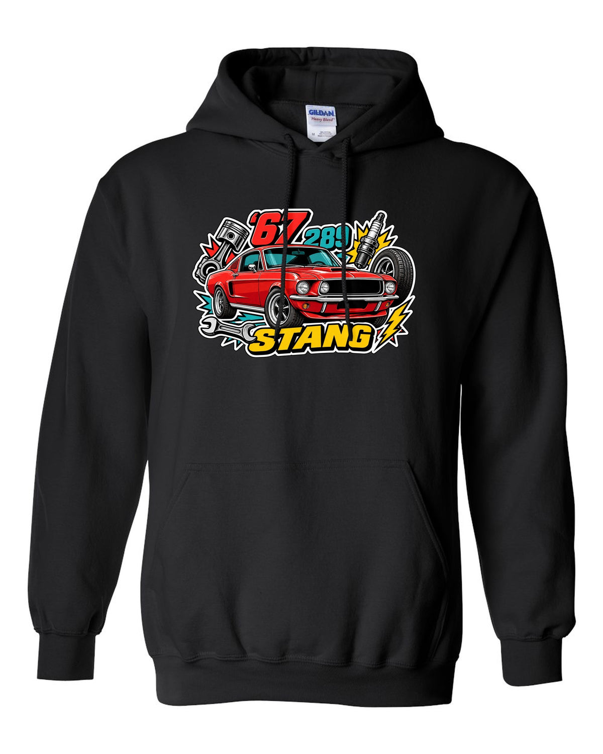 Sticker-bomb collage print of a 1967 Ford Mustang fastback black pull over hoodie front view with the design