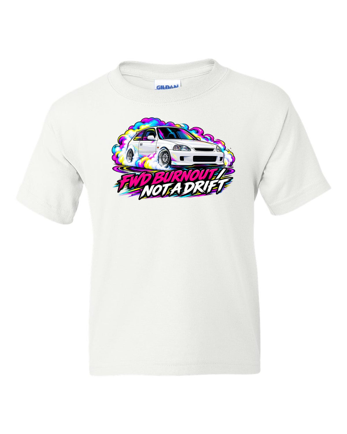 Neon pop style print of a Honda Civic Type R EK9 doing a FWD burnout with not a drift text white kids tee front view with the design