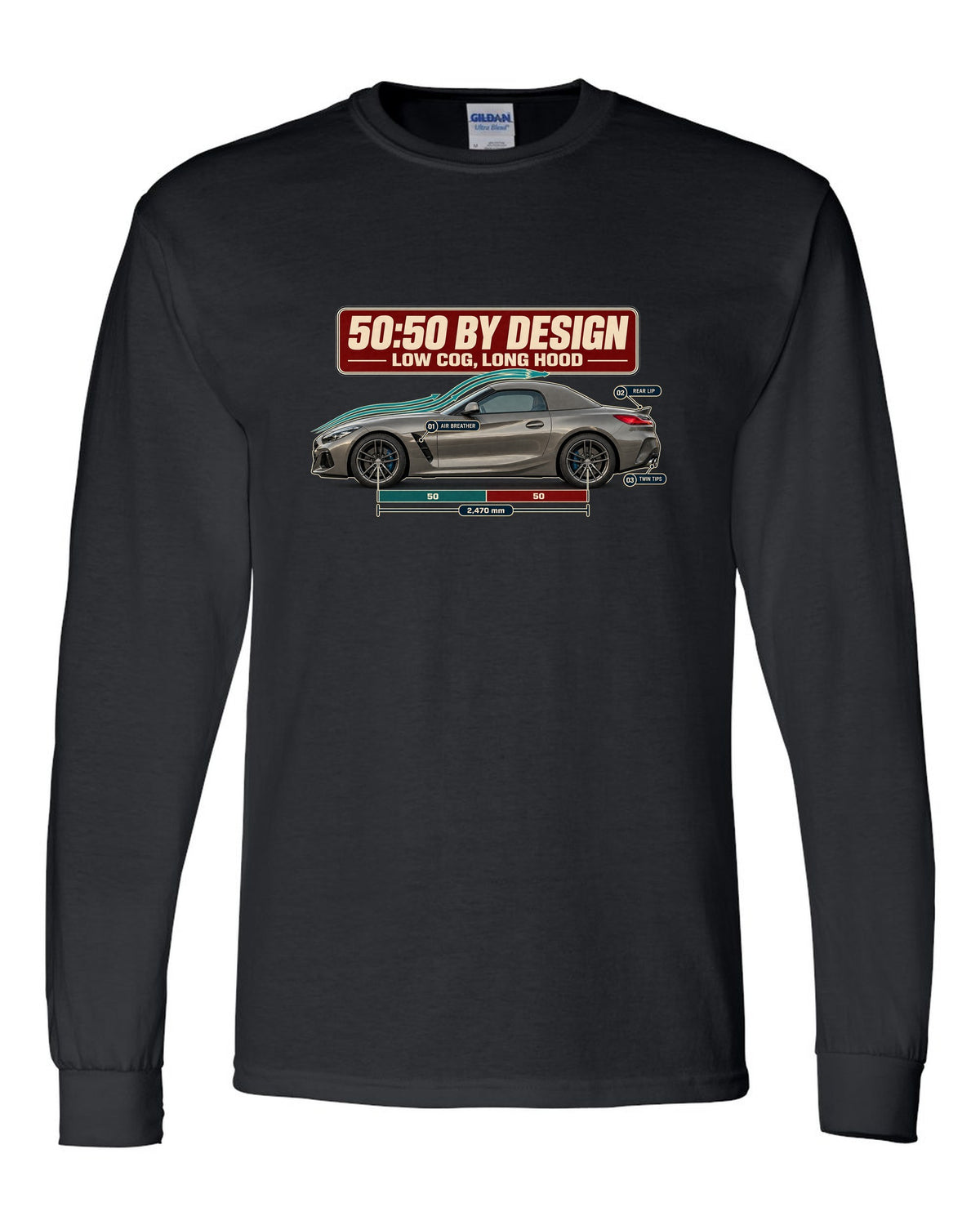 Aero cutaway callout print of the BMW Z4 G29 with 50:50 and long hood notes black long sleeve front view with the design