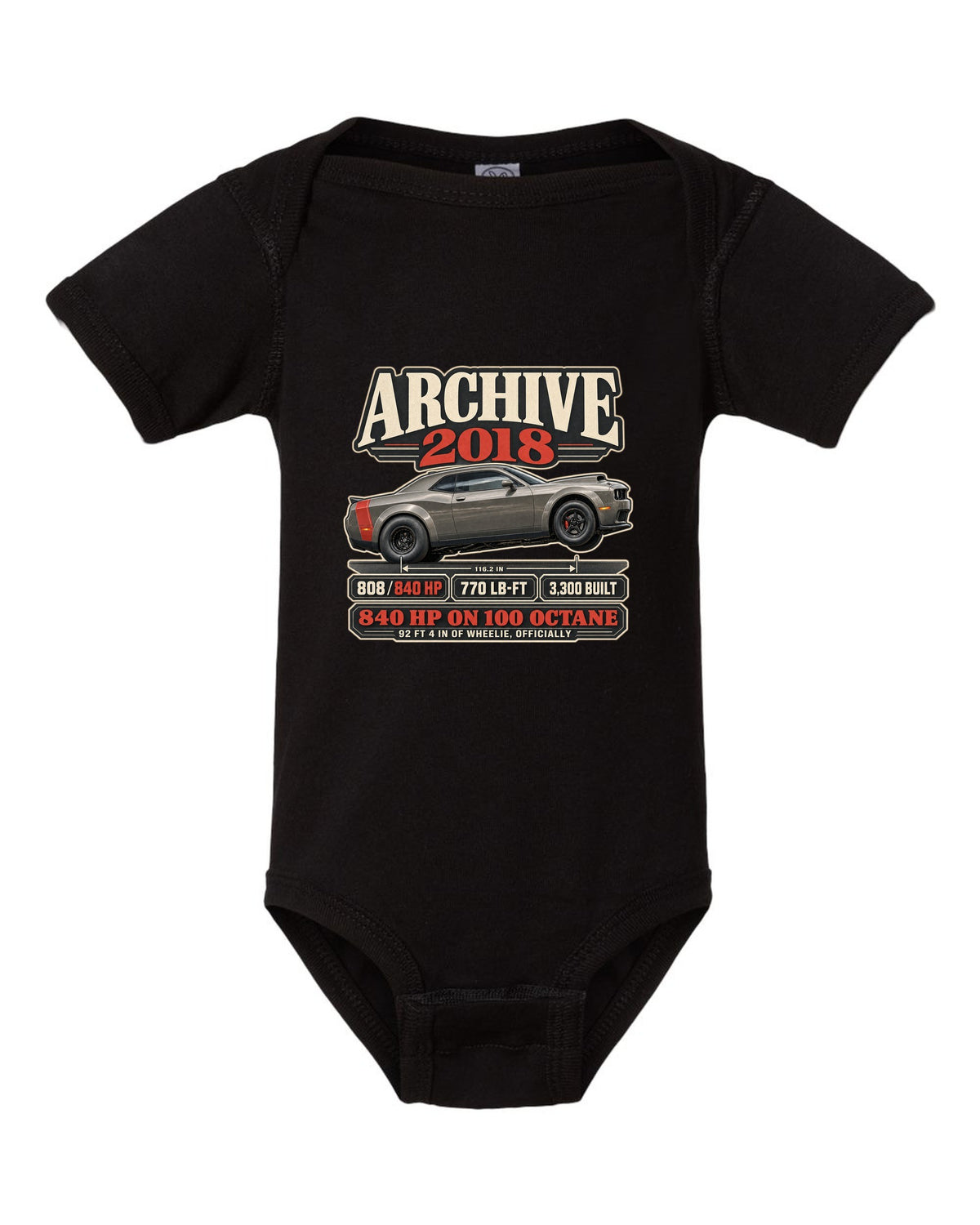 2018 Dodge Challenger SRT Demon archive panel print with 840 HP and wheelie record black baby onesie front view with the design