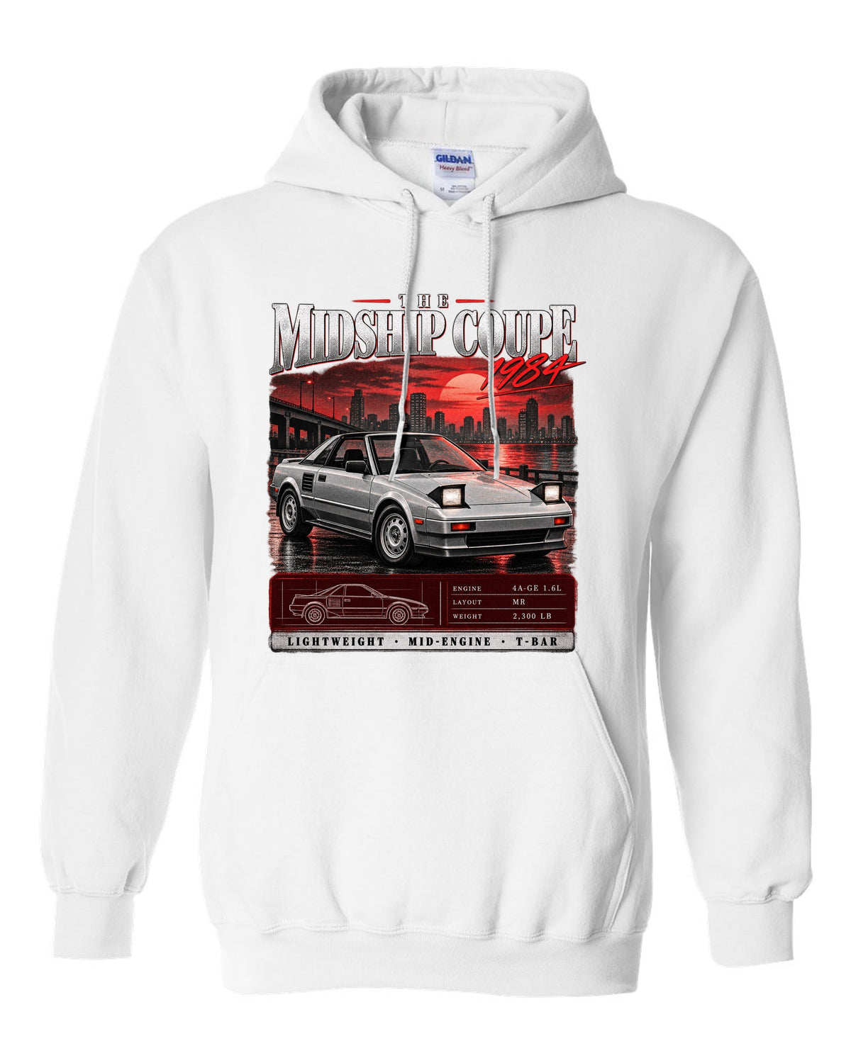 Archive panel print of a Toyota MR2 AW11 with the text The Midship Coupe 1984 white pull over hoodie front view with the design