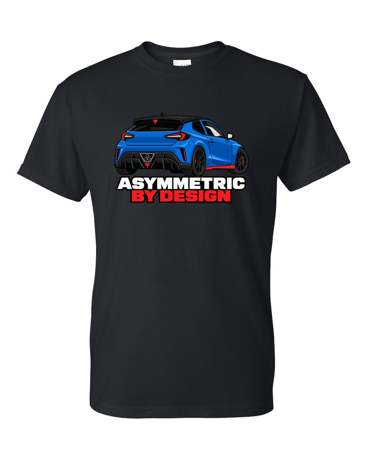 Hyundai Veloster N JS flat vector rear three-quarter print with asymmetric by design text black t-shirt front view with the design