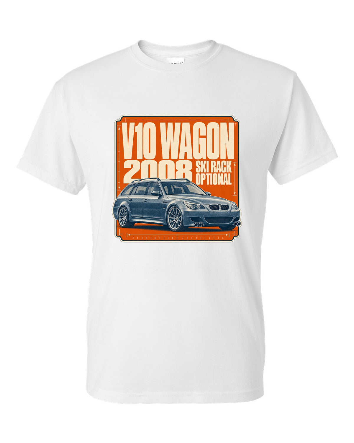 BMW M5 E61 Touring wagon halftone print white t-shirt front view with the design