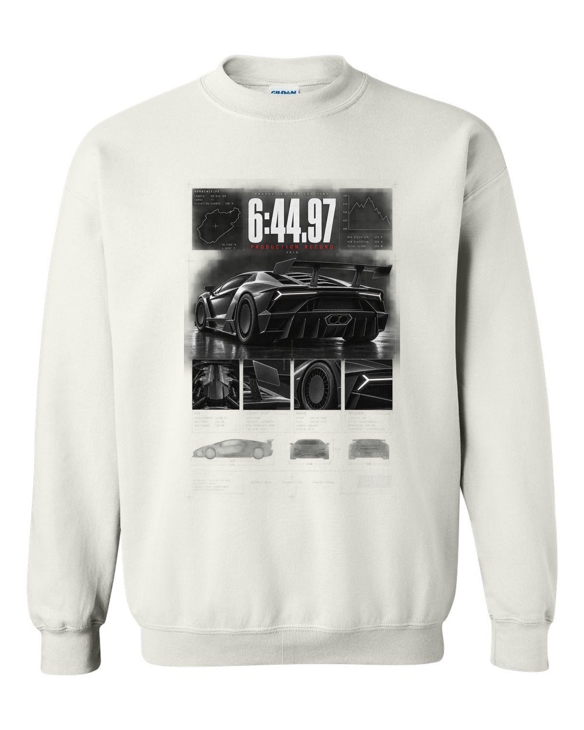 Dossier panel print of a Lamborghini Aventador SVJ LP770-4 with 6:44.97 production record text white crewneck front view with the design