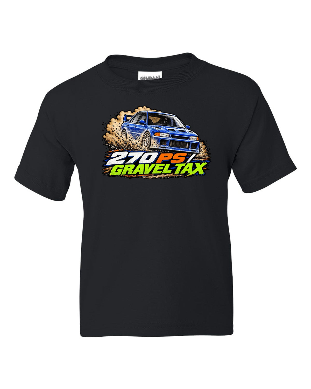Mitsubishi Lancer Evolution III CE9A in grainy 90s rally magazine halftone, 270 PS / GRAVEL TAX black kids tee front view with the design