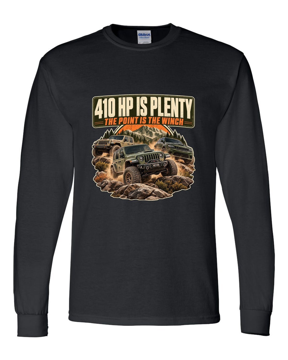 Editorial headline print for the Ram 2500 Power Wagon 6.4L V8 about horsepower and the winch black long sleeve front view with the design
