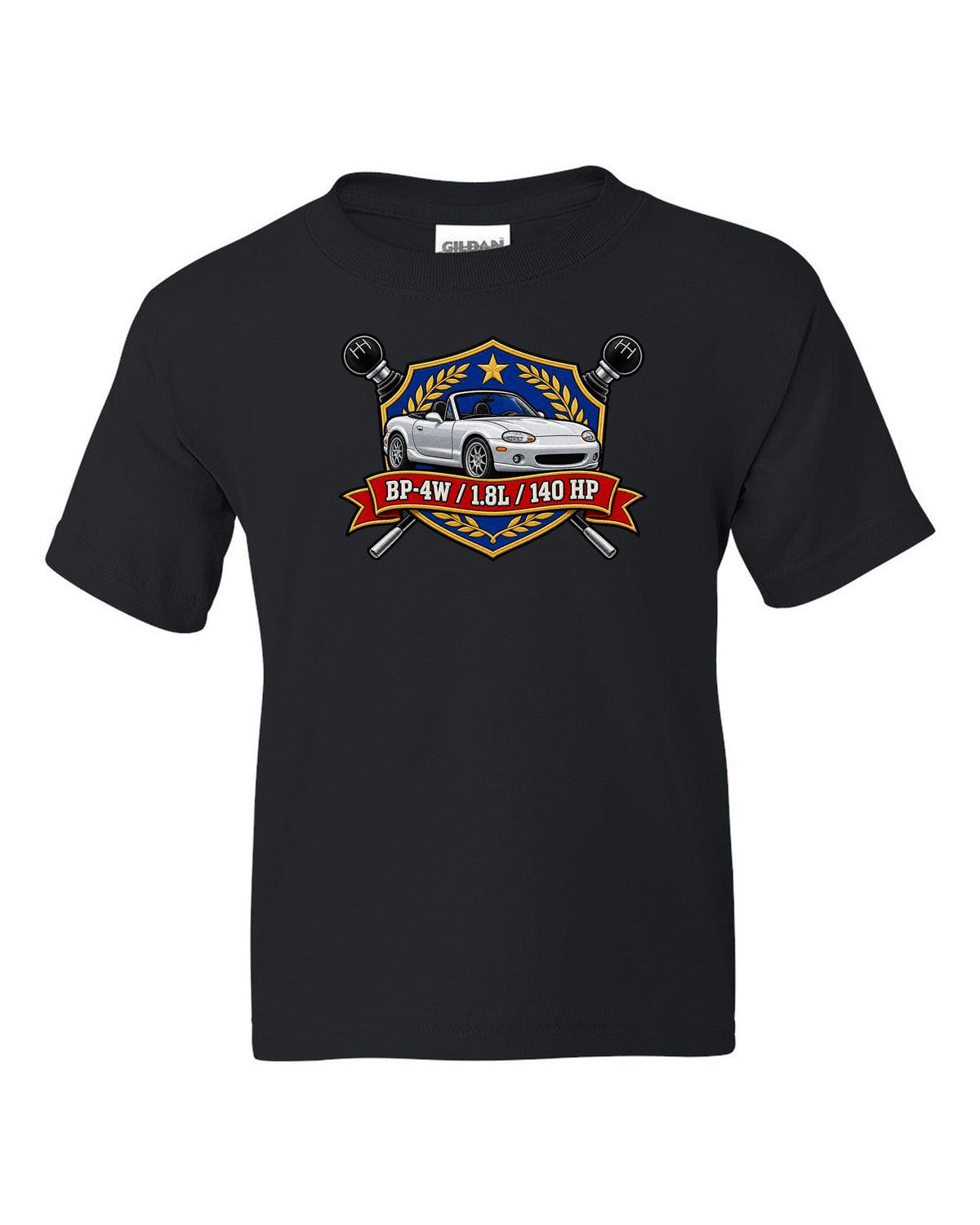 Embroidery-style shield crest of a Mazda MX-5 NB with BP-4W 1.8L 140 HP text black kids tee front view with the design