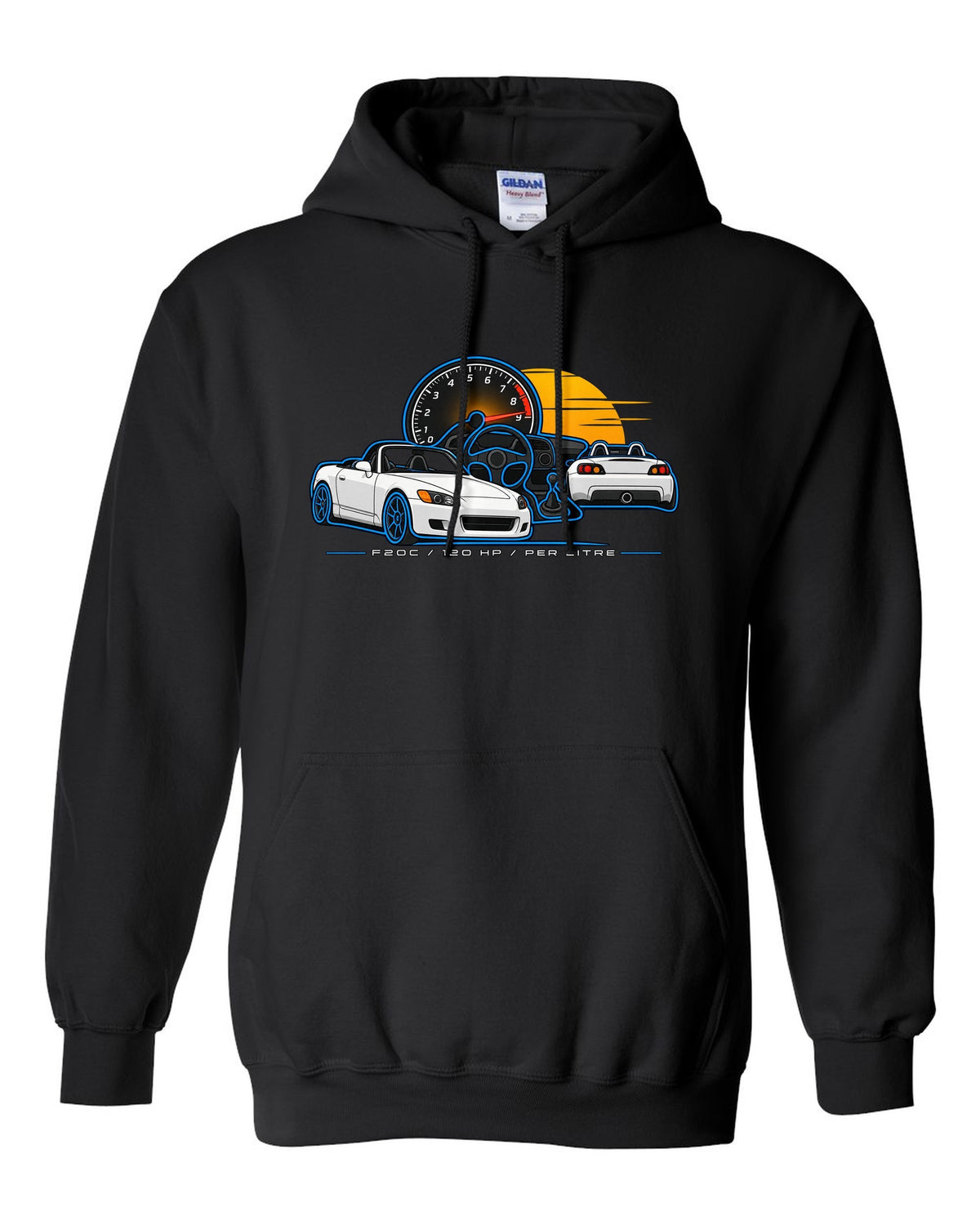 Minimal single-line contour print of a 1999 Honda S2000 AP1 with F20C 120 HP Per Litre lettering black pull over hoodie front view with the design