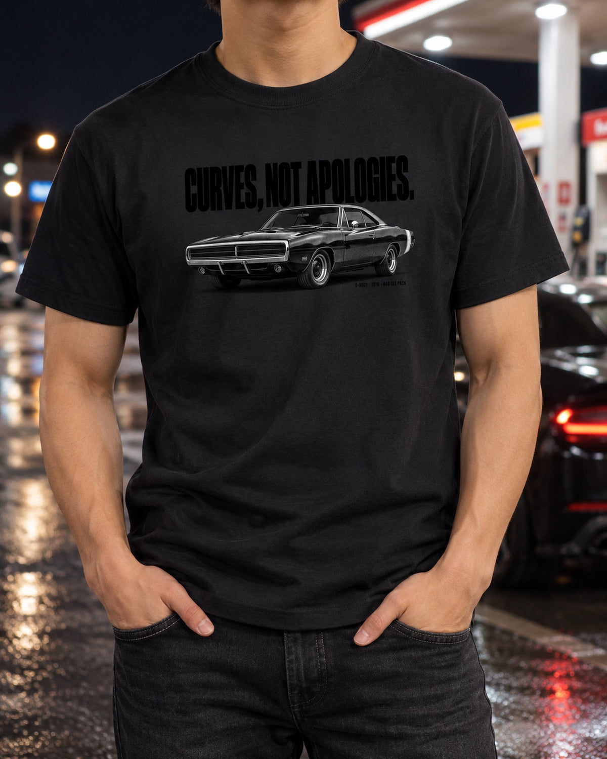 1970 Charger R/T Curves Not Apologies 440 Six Pack Halftone Tee T-Shirt Black worn hero