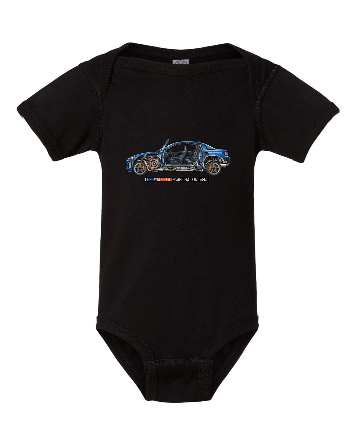 Technical cutaway illustration of the Mazda RX-8 SE3P with RENESIS and 4 DOORS 2 ROTORS lettering black baby onesie front view with the design