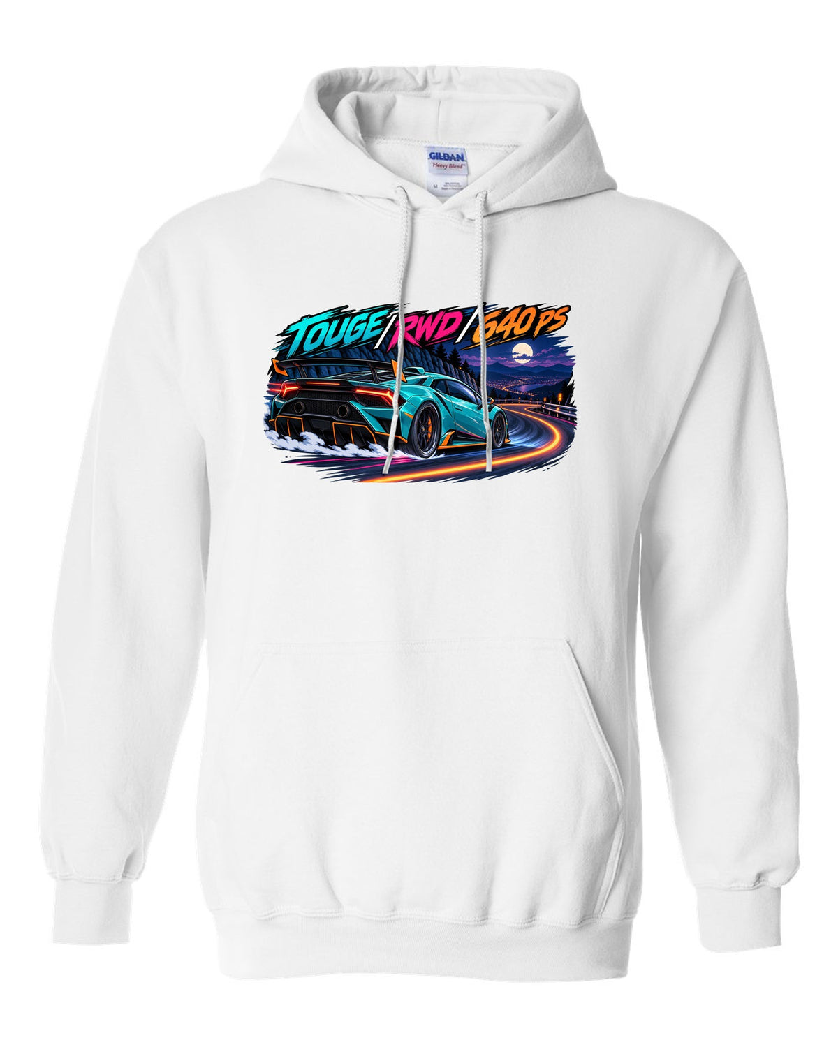 Cel-shaded anime night touge scene with a Lamborghini Huracan STO LP640-2 and text TOUGE / RWD / 640 PS white pull over hoodie front view with the design