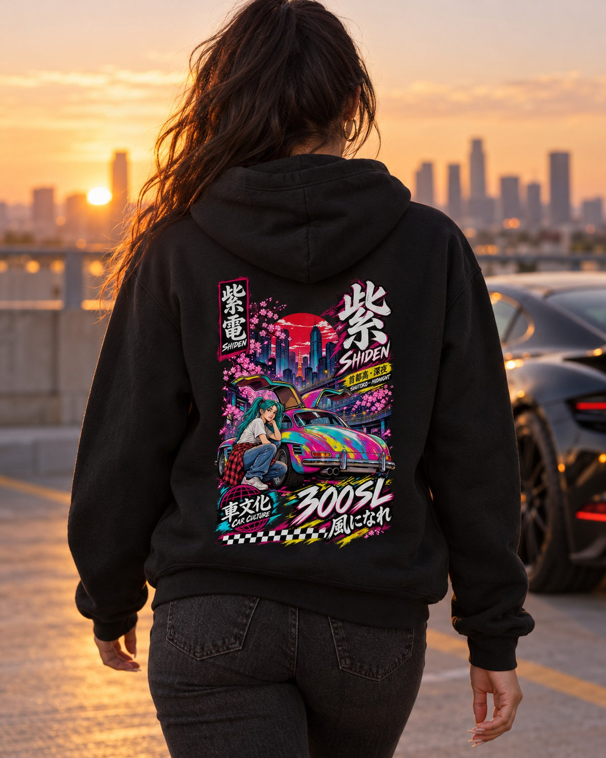 SHIDEN 300SL Anime Girl Full-Back Graphic Tee Pull Over Hoodie Black worn hero