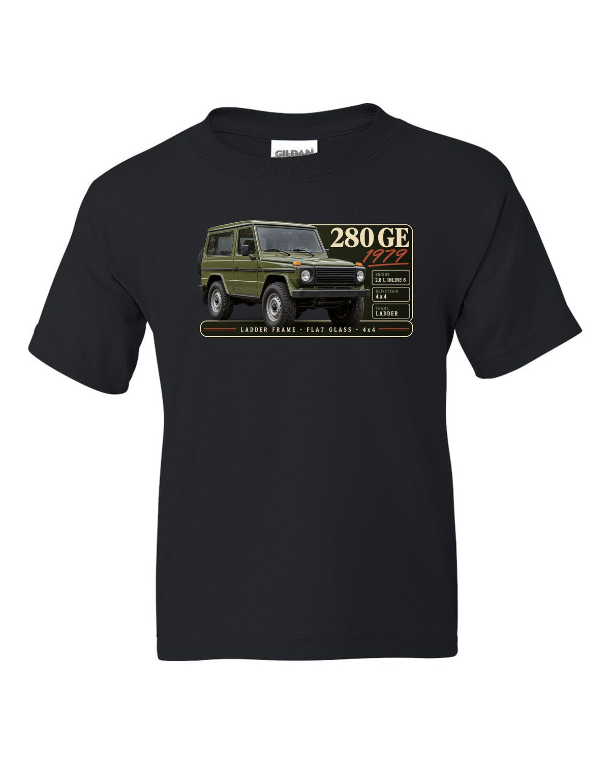 Archive panel print of a 1979 Mercedes 280 GE W460 with ladder frame, flat glass and 4x4 lettering black kids tee front view with the design