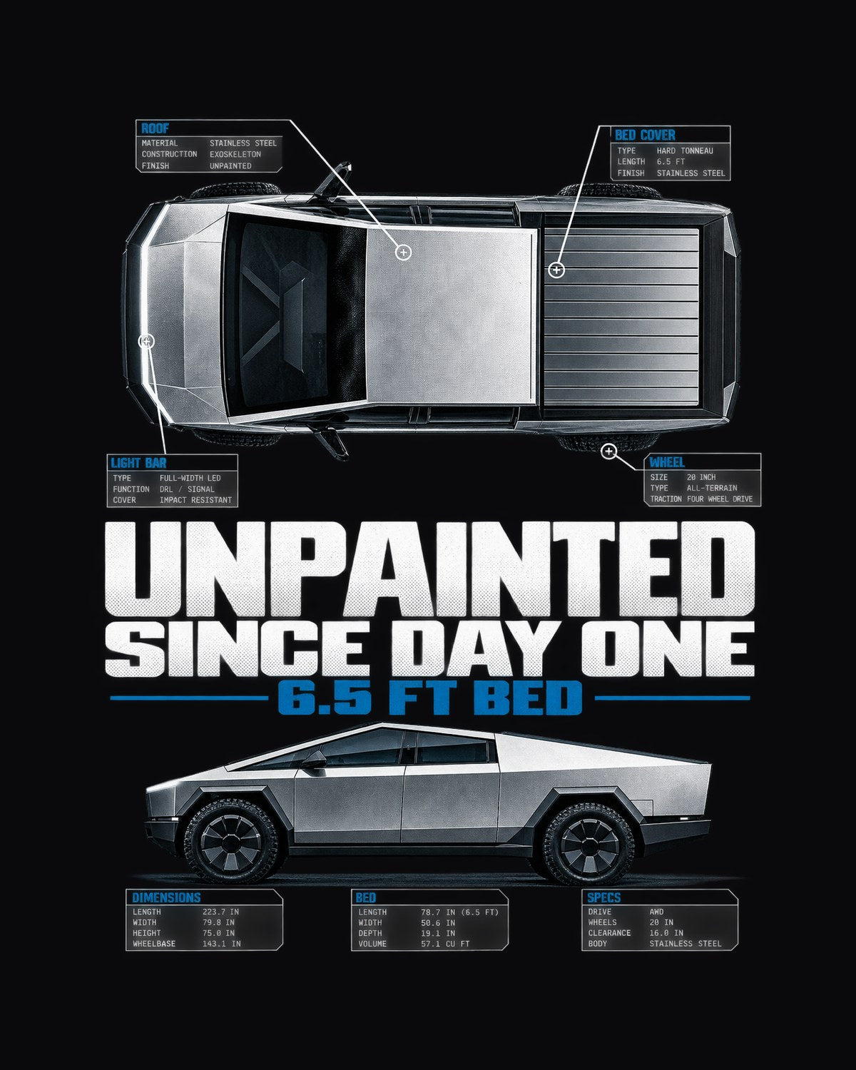 Cybertruck Unpainted Top-Down Spec Poster Shirt, Truck Gift design only