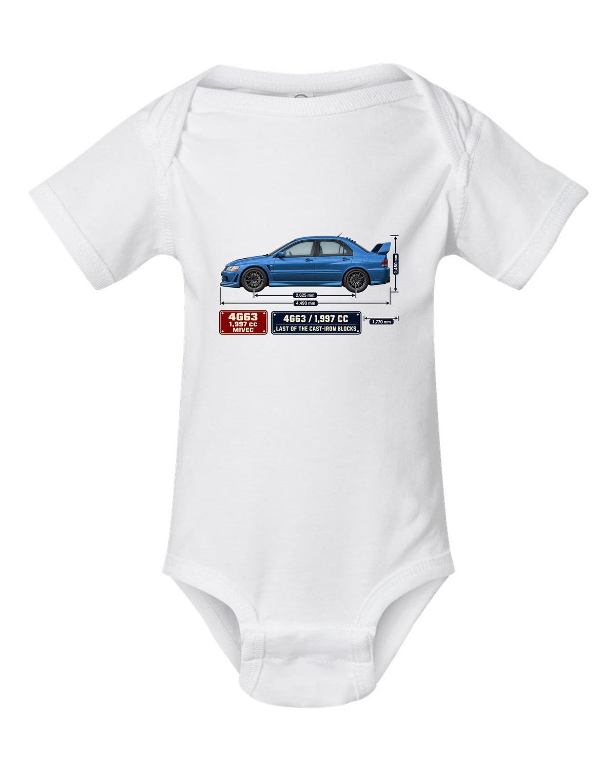 Lancer Evolution IX MR Blueprint white baby onesie front view with the design