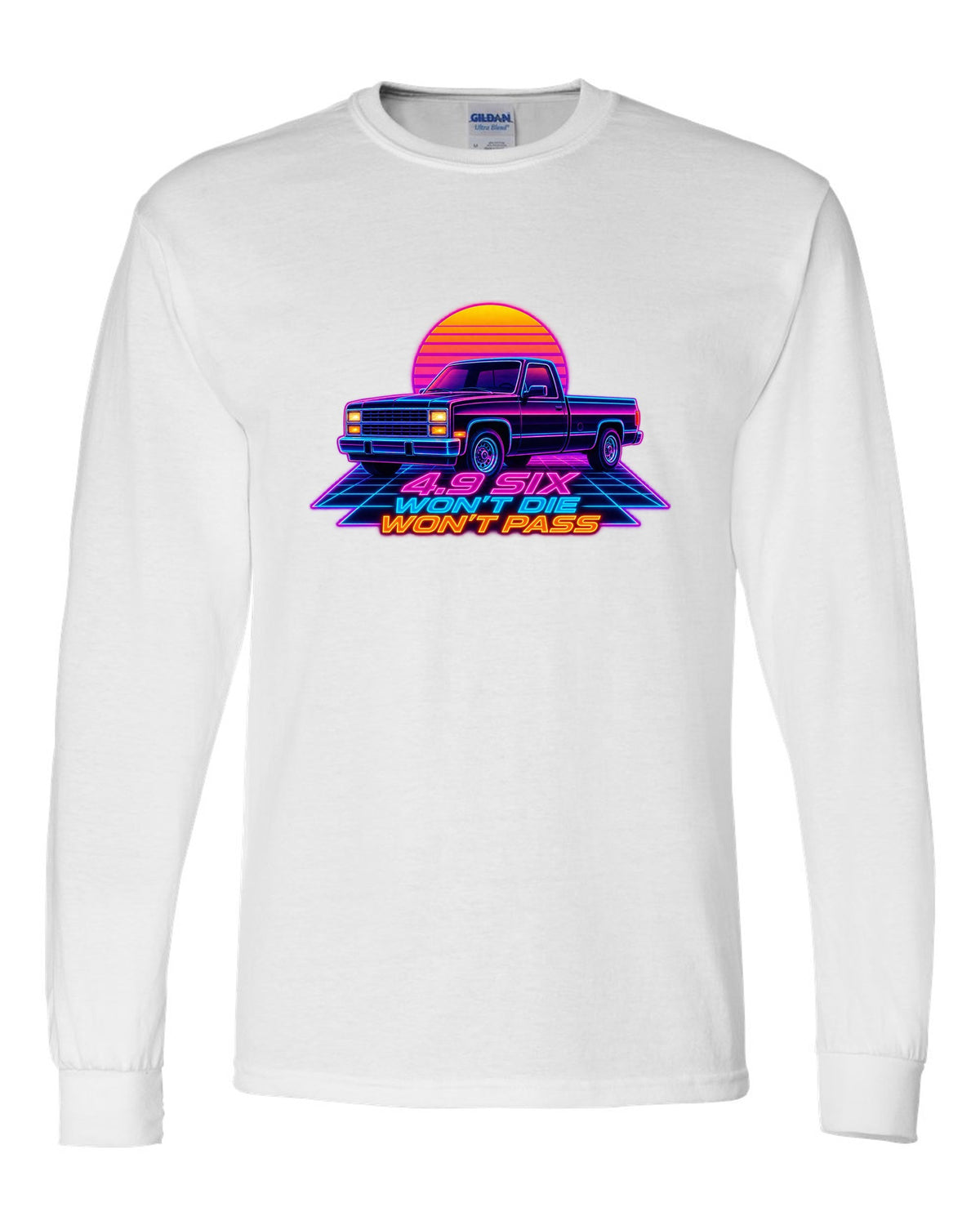 Synthwave neon art of a 1987-91 Ford F-150 Brick-Nose in drive-in rain with 4.9 SIX lettering white long sleeve front view with the design