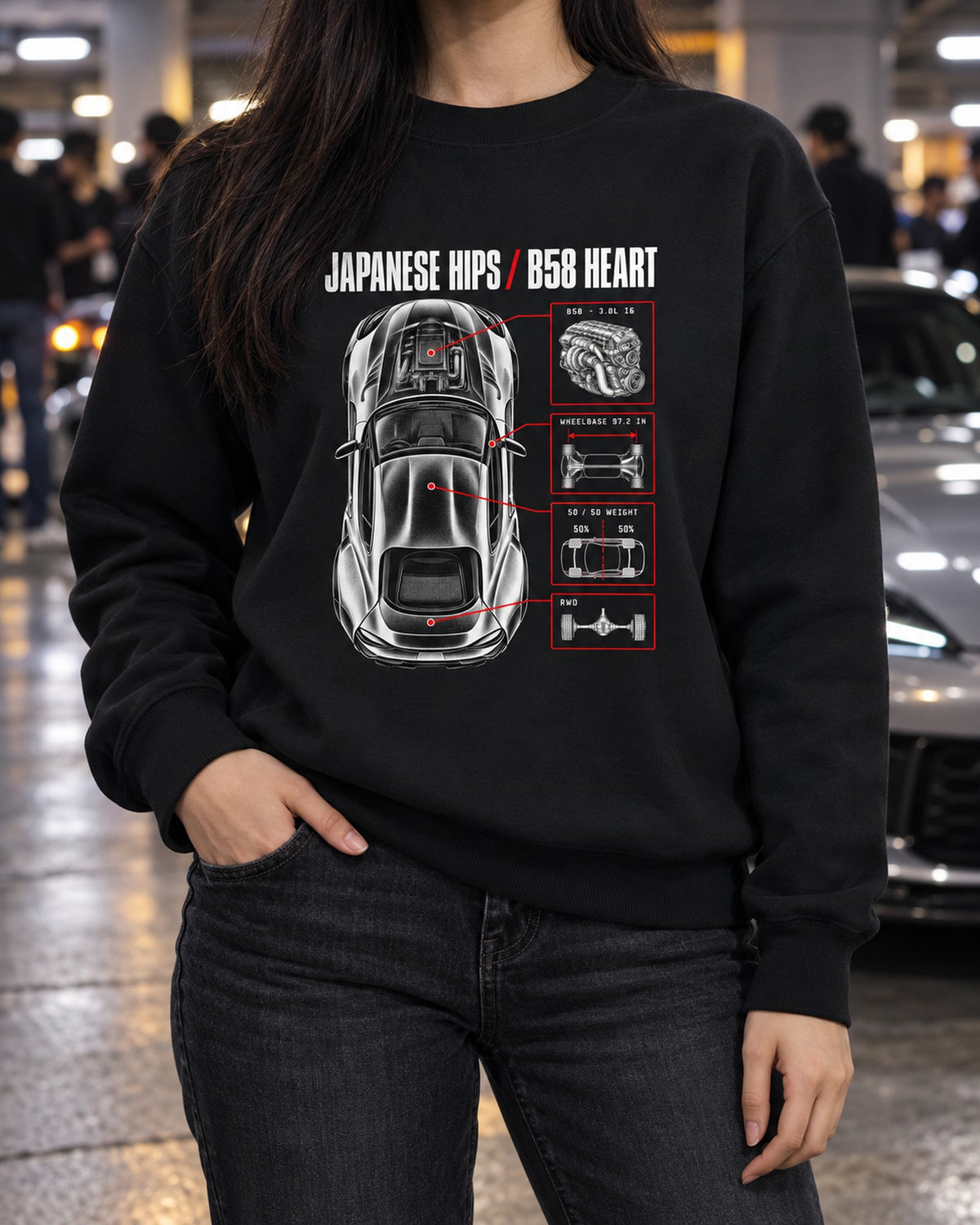 Toyota GR Supra A90 Spec Poster Shirt, B58 Heart Crewneck Black worn hero