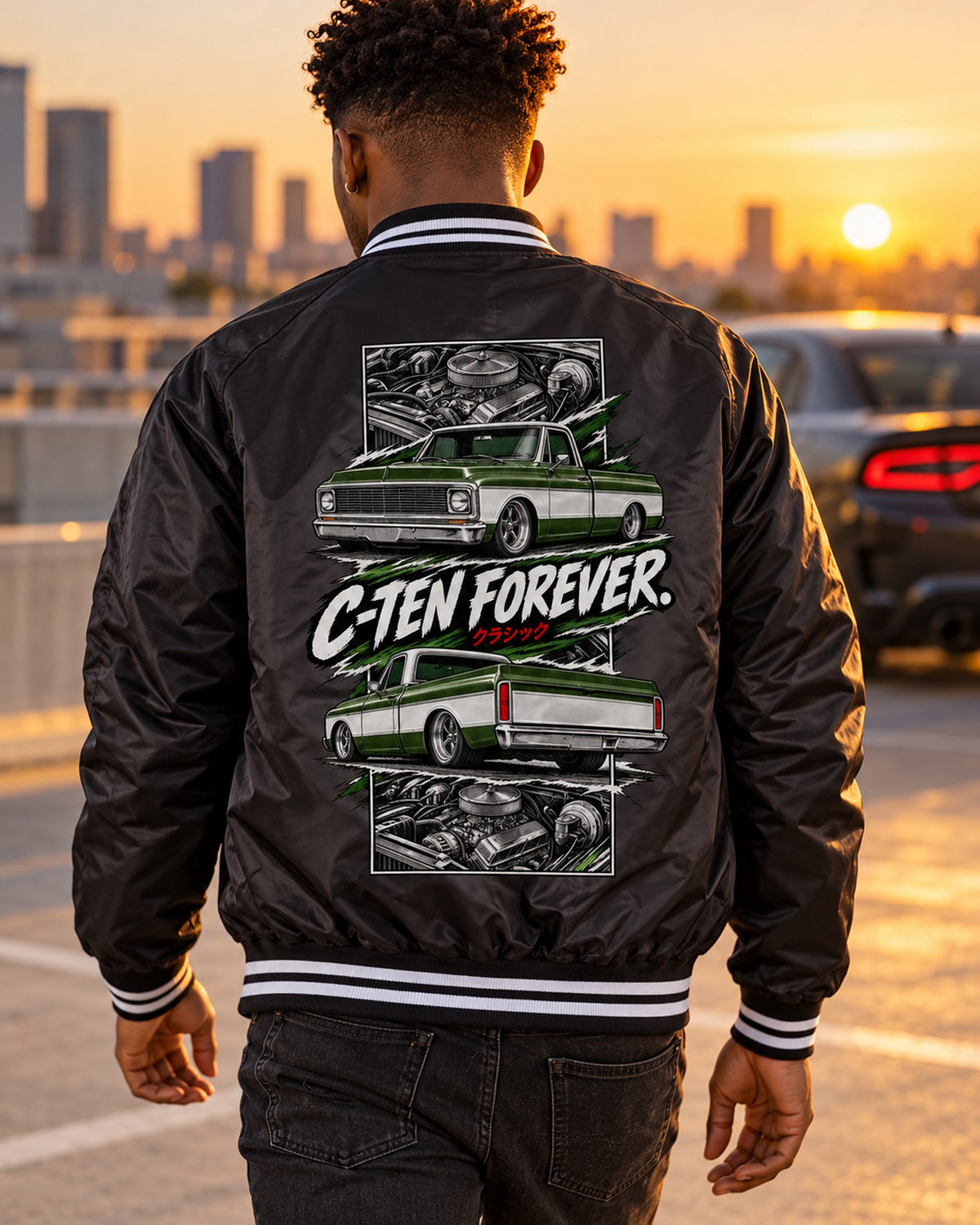 Chevy C10 1972 Torn Poster Full-Back Graphic Tee Bomber Jacket Black worn hero