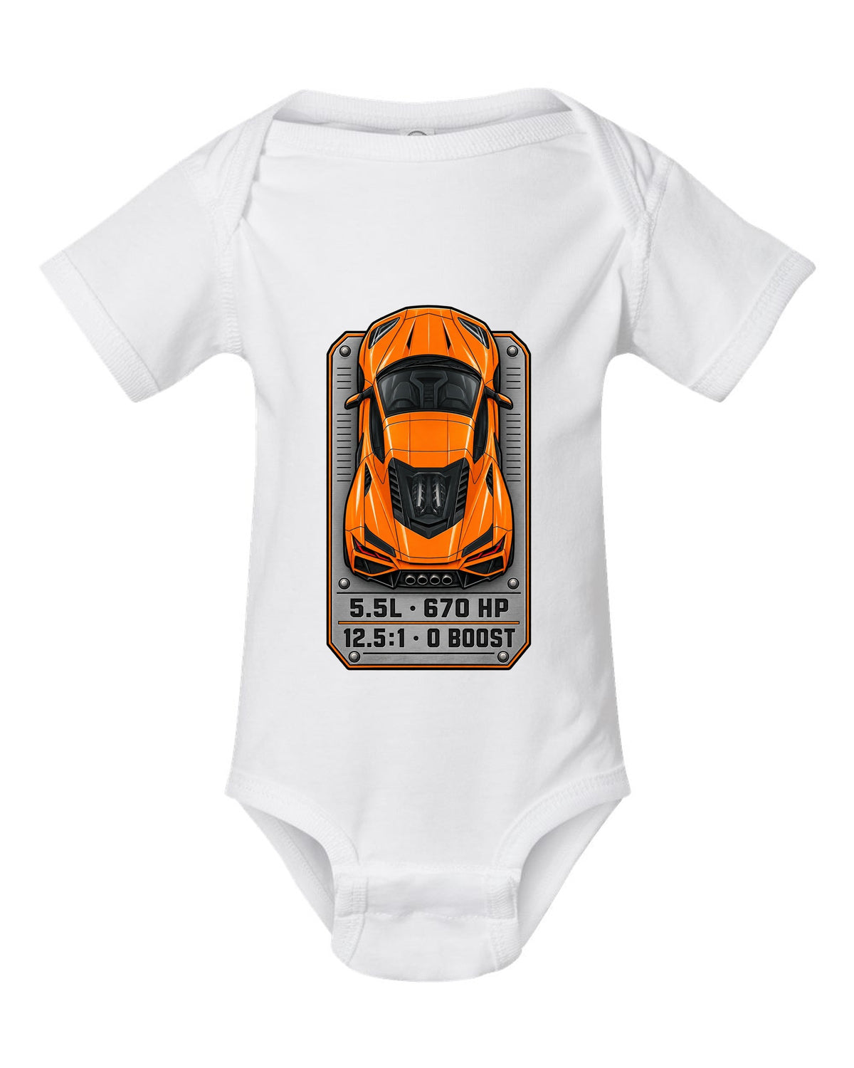 80s airbrush chrome style design of a 2025 C8 Corvette ZR1 white baby onesie front view with the design