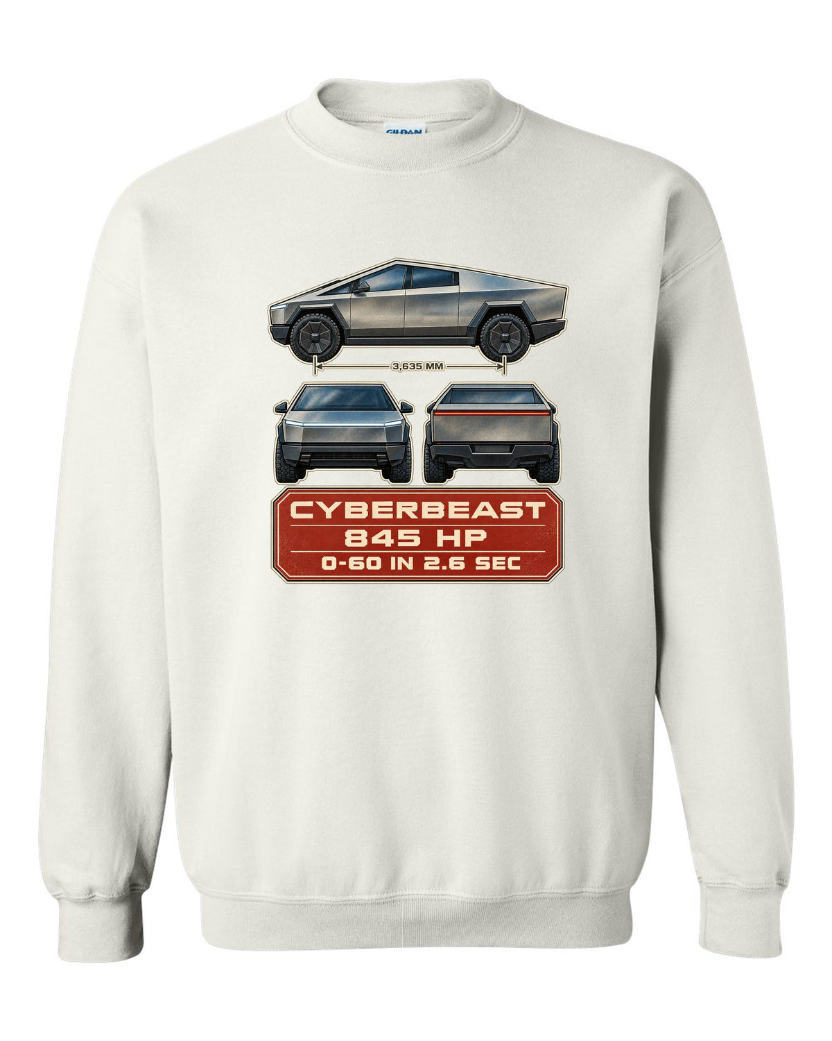Three-view and spec table print of a Tesla Cybertruck Cyberbeast white crewneck front view with the design