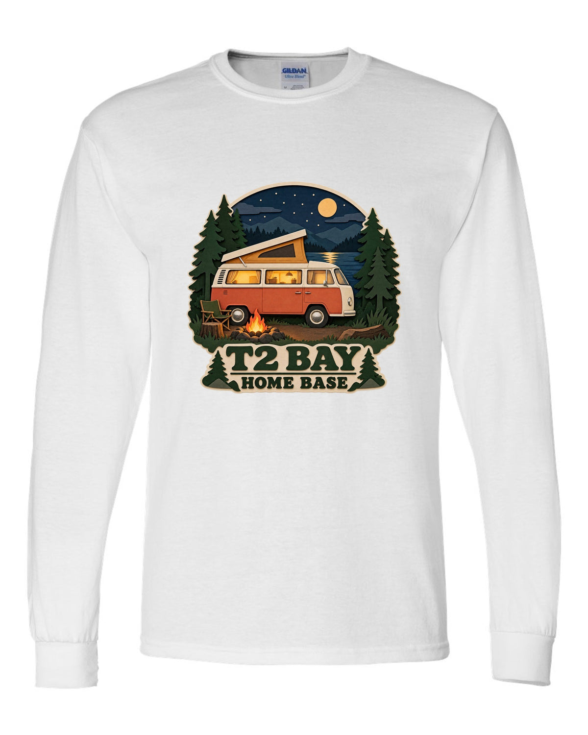 Layered paper-cutout shadow box print of a VW Bus T2 bay-window at a night camp white long sleeve front view with the design
